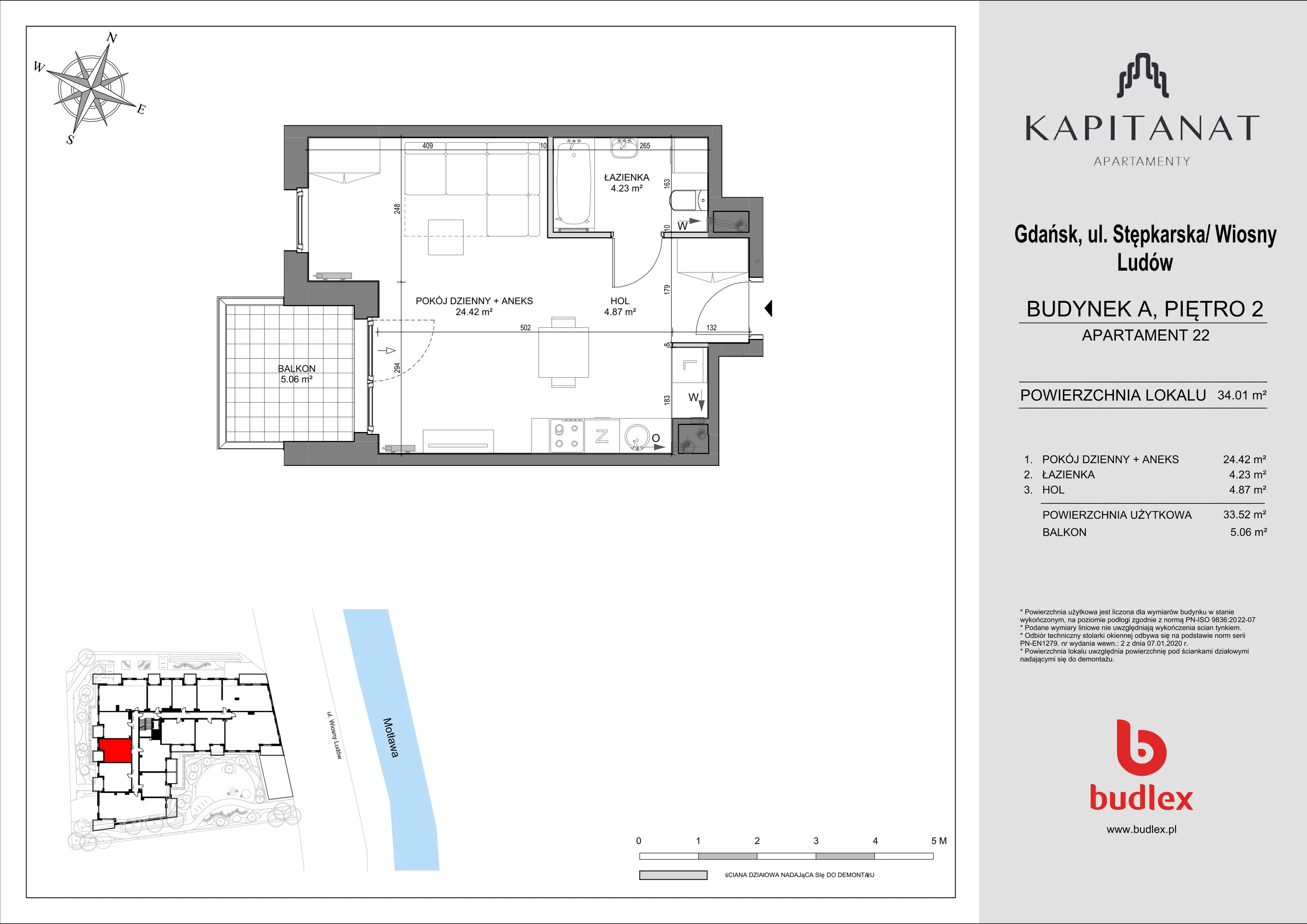 1 pokój, mieszkanie 34,01 m², piętro 2, oferta nr A.22, Apartamenty Kapitanat bud. A, Gdańsk, Śródmieście, ul. Stępkarska / Wiosny Ludów