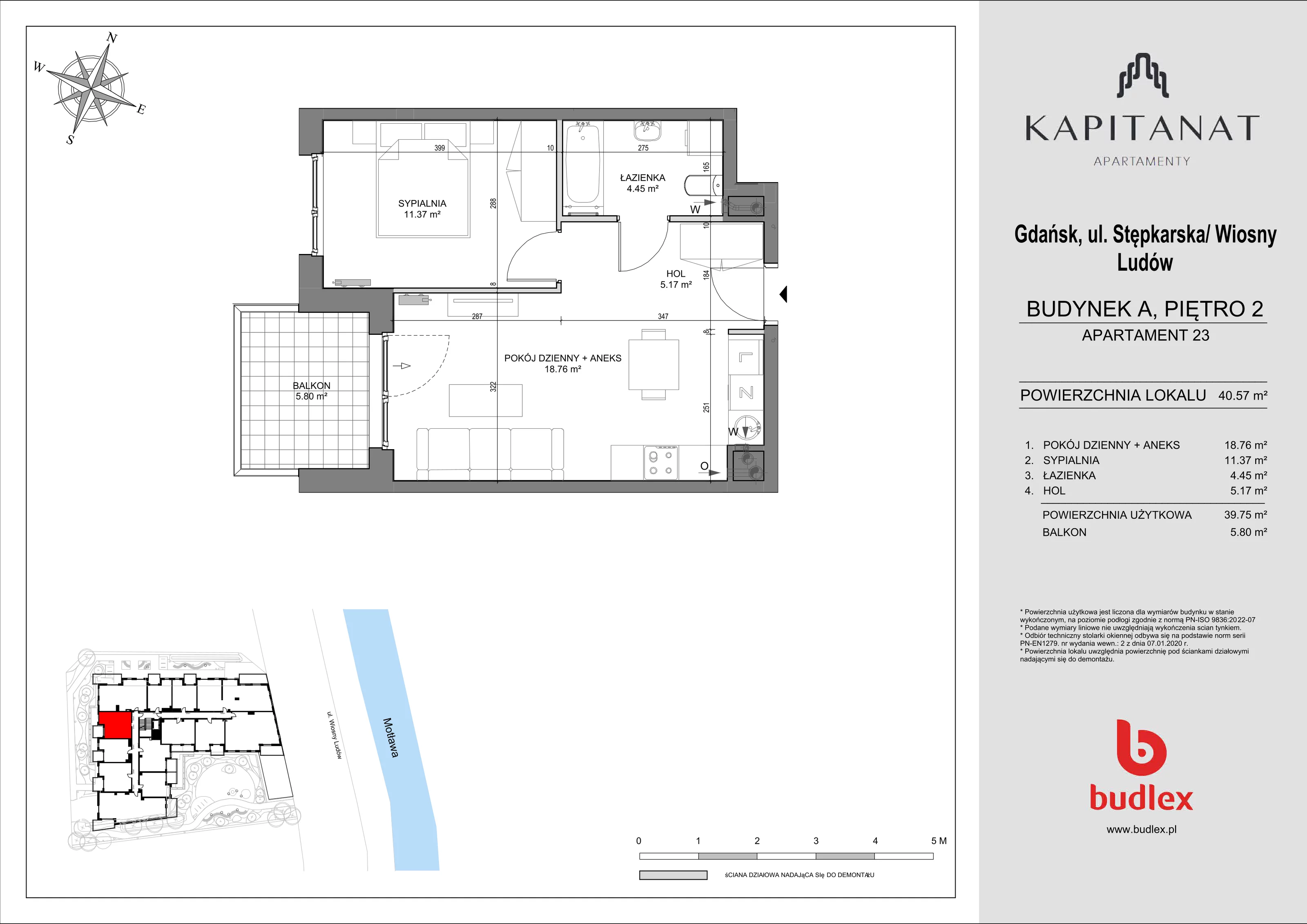 2 pokoje, mieszkanie 40,57 m², piętro 2, oferta nr A.23, Apartamenty Kapitanat bud. A, Gdańsk, Śródmieście, ul. Stępkarska / Wiosny Ludów