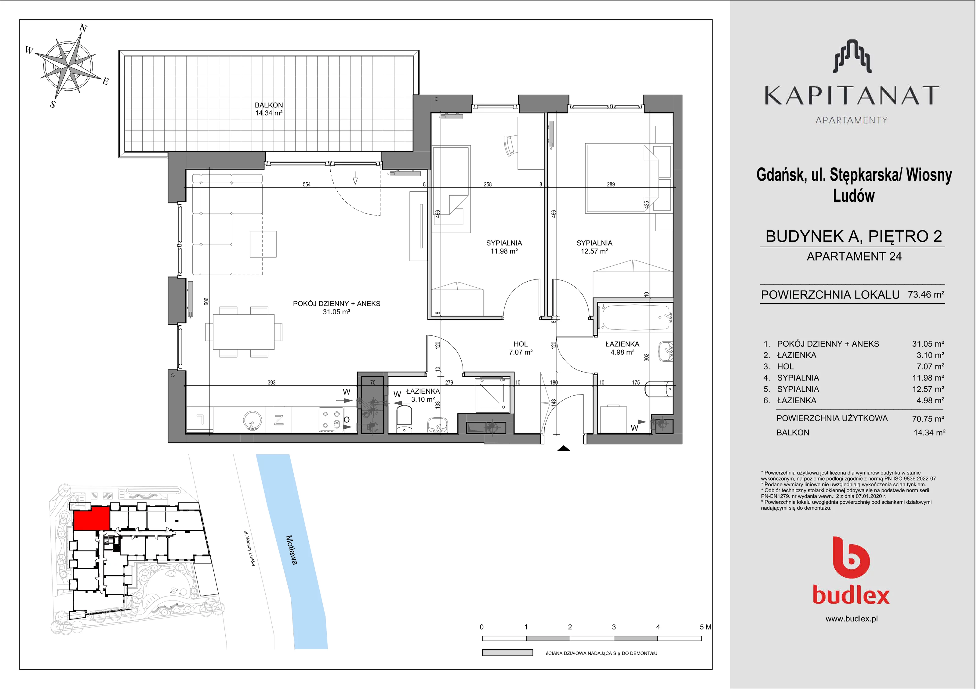3 pokoje, apartament 73,46 m², piętro 2, oferta nr A.24, Apartamenty Kapitanat, Gdańsk, Śródmieście, ul. Stępkarska / Wiosny Ludów