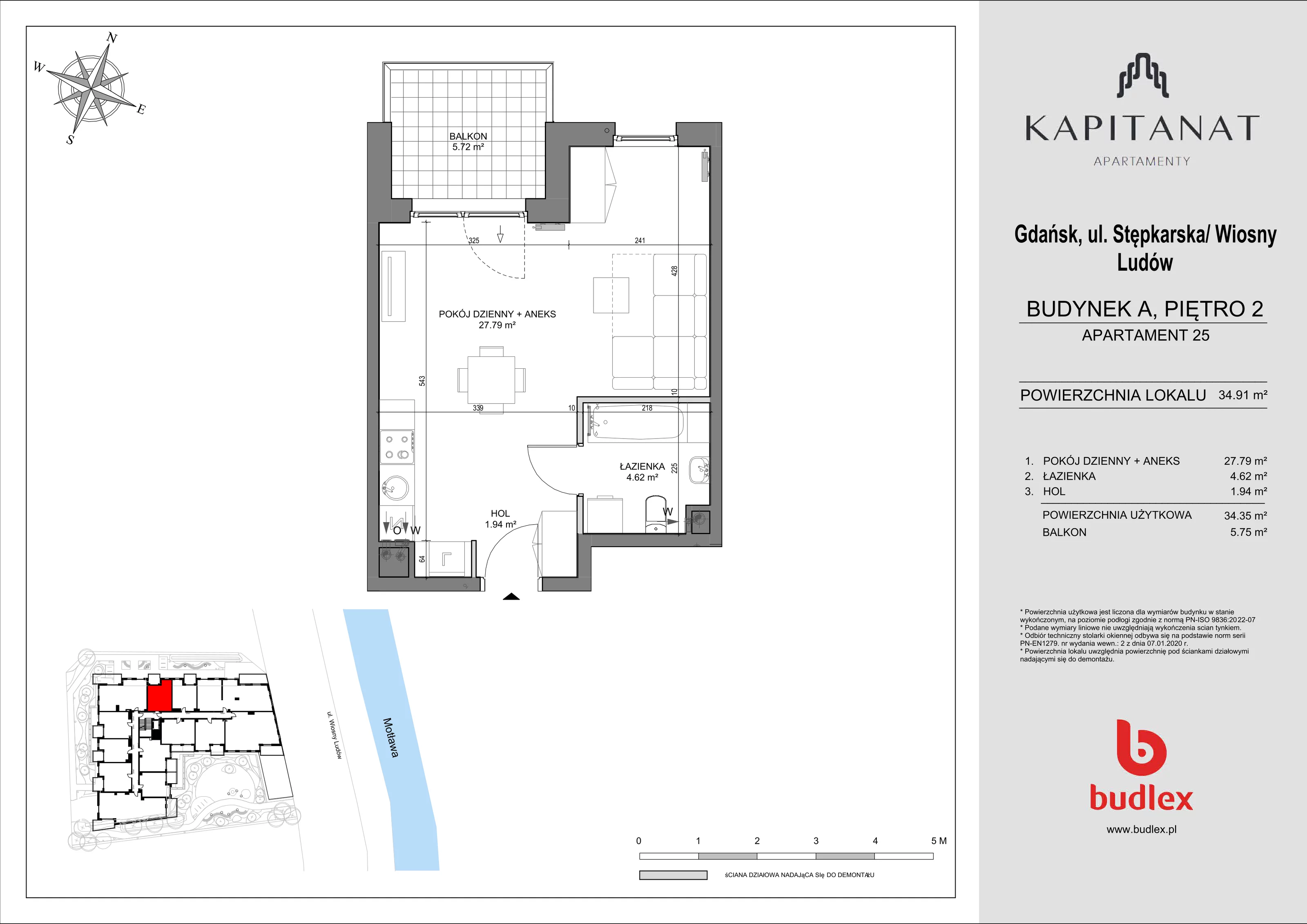 1 pokój, mieszkanie 34,91 m², piętro 2, oferta nr A.25, Apartamenty Kapitanat bud. A, Gdańsk, Śródmieście, ul. Stępkarska / Wiosny Ludów