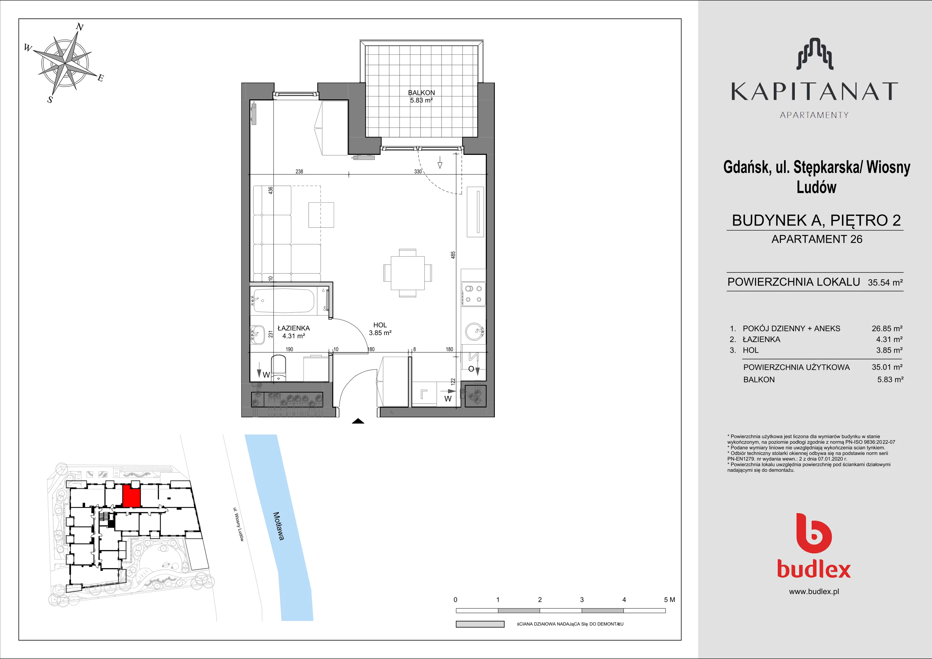 1 pokój, mieszkanie 35,54 m², piętro 2, oferta nr A.26, Apartamenty Kapitanat bud. A, Gdańsk, Śródmieście, ul. Stępkarska / Wiosny Ludów