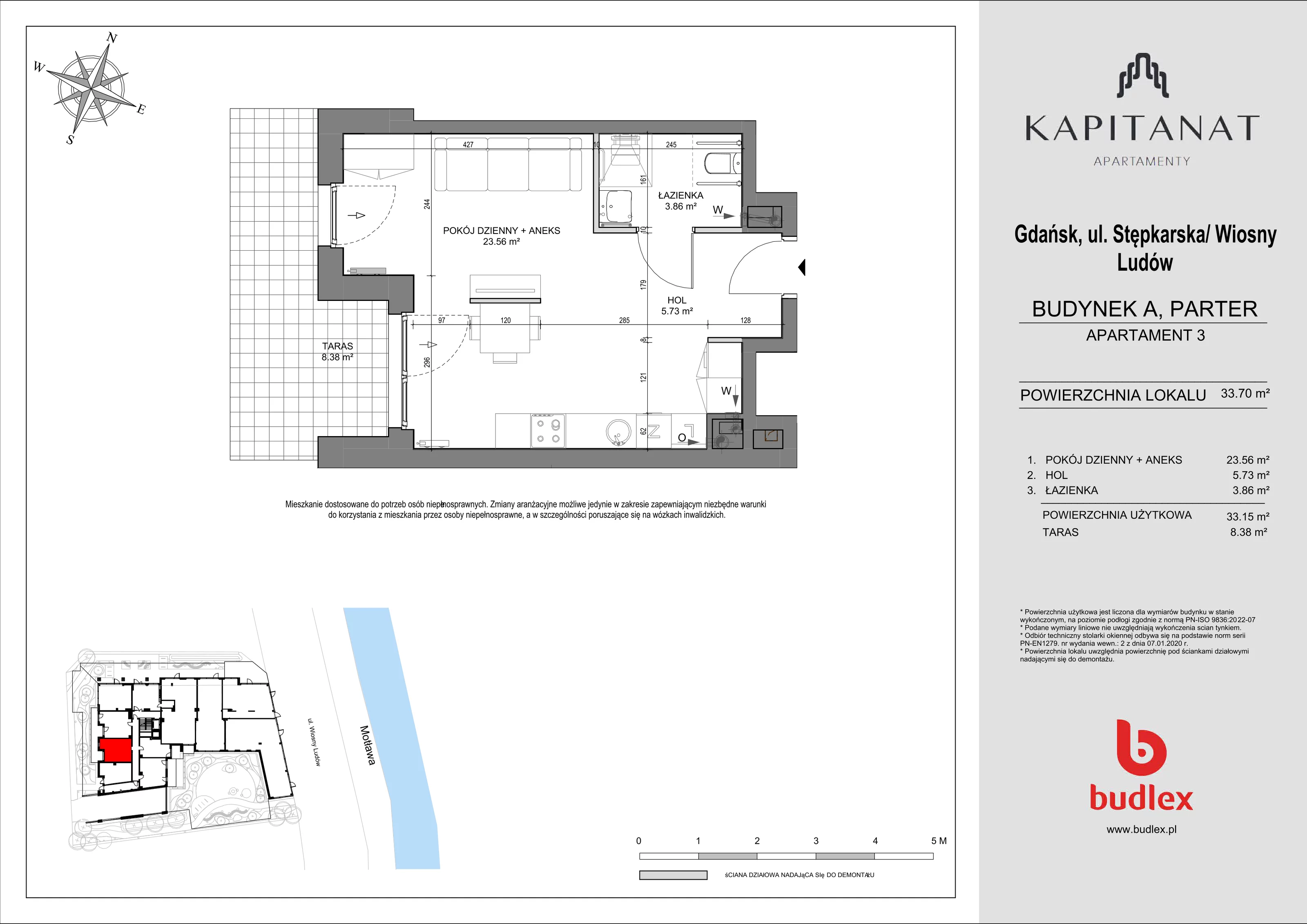 1 pokój, apartament 33,70 m², parter, oferta nr A.3, Apartamenty Kapitanat, Gdańsk, Śródmieście, ul. Stępkarska / Wiosny Ludów