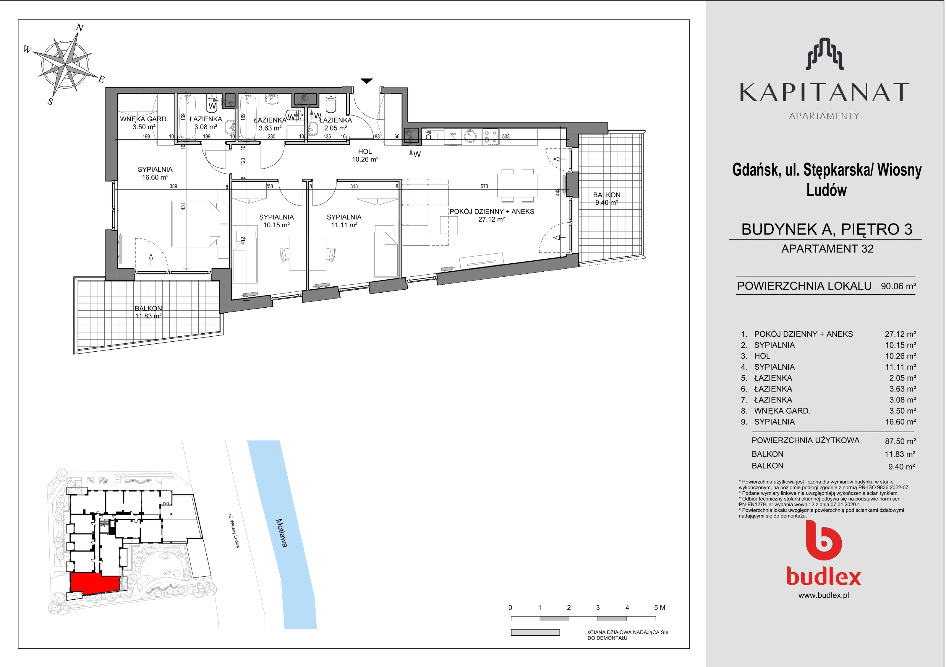 4 pokoje, apartament 90,06 m², piętro 3, oferta nr A.32, Apartamenty Kapitanat bud. A, Gdańsk, Śródmieście, ul. Stępkarska / Wiosny Ludów