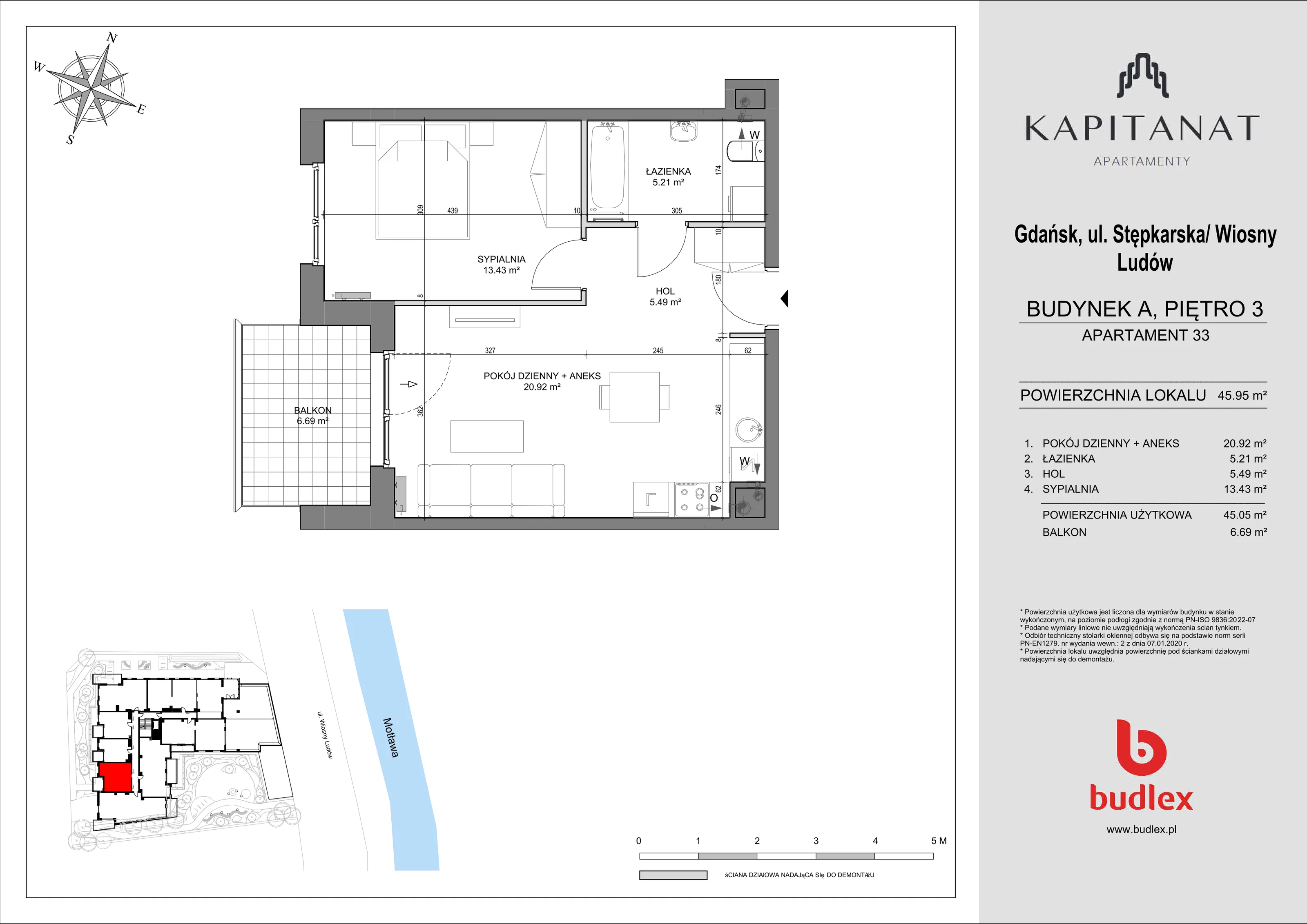 2 pokoje, mieszkanie 45,95 m², piętro 3, oferta nr A.33, Apartamenty Kapitanat bud. A, Gdańsk, Śródmieście, ul. Stępkarska / Wiosny Ludów