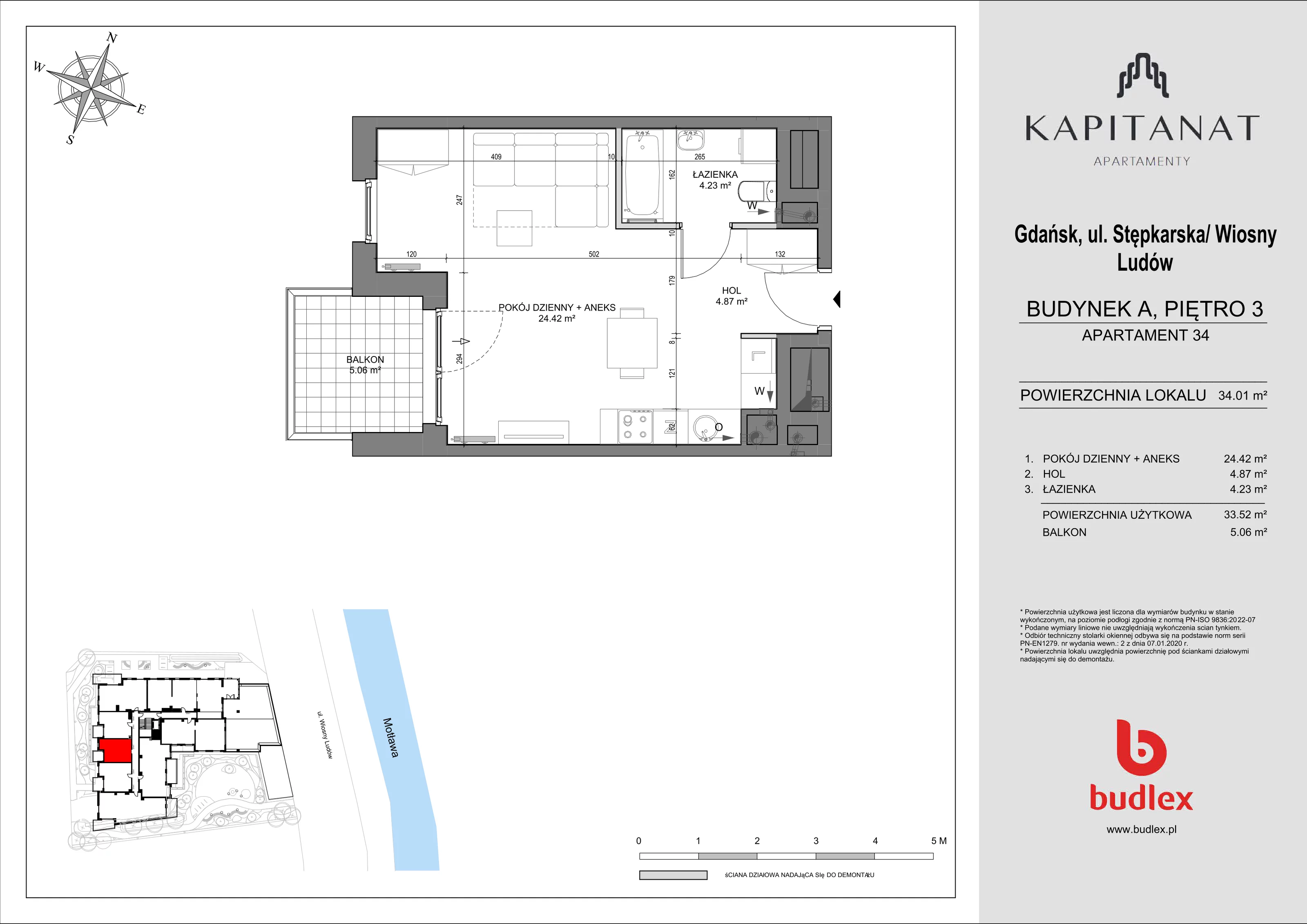 1 pokój, mieszkanie 34,01 m², piętro 3, oferta nr A.34, Apartamenty Kapitanat bud. A, Gdańsk, Śródmieście, ul. Stępkarska / Wiosny Ludów