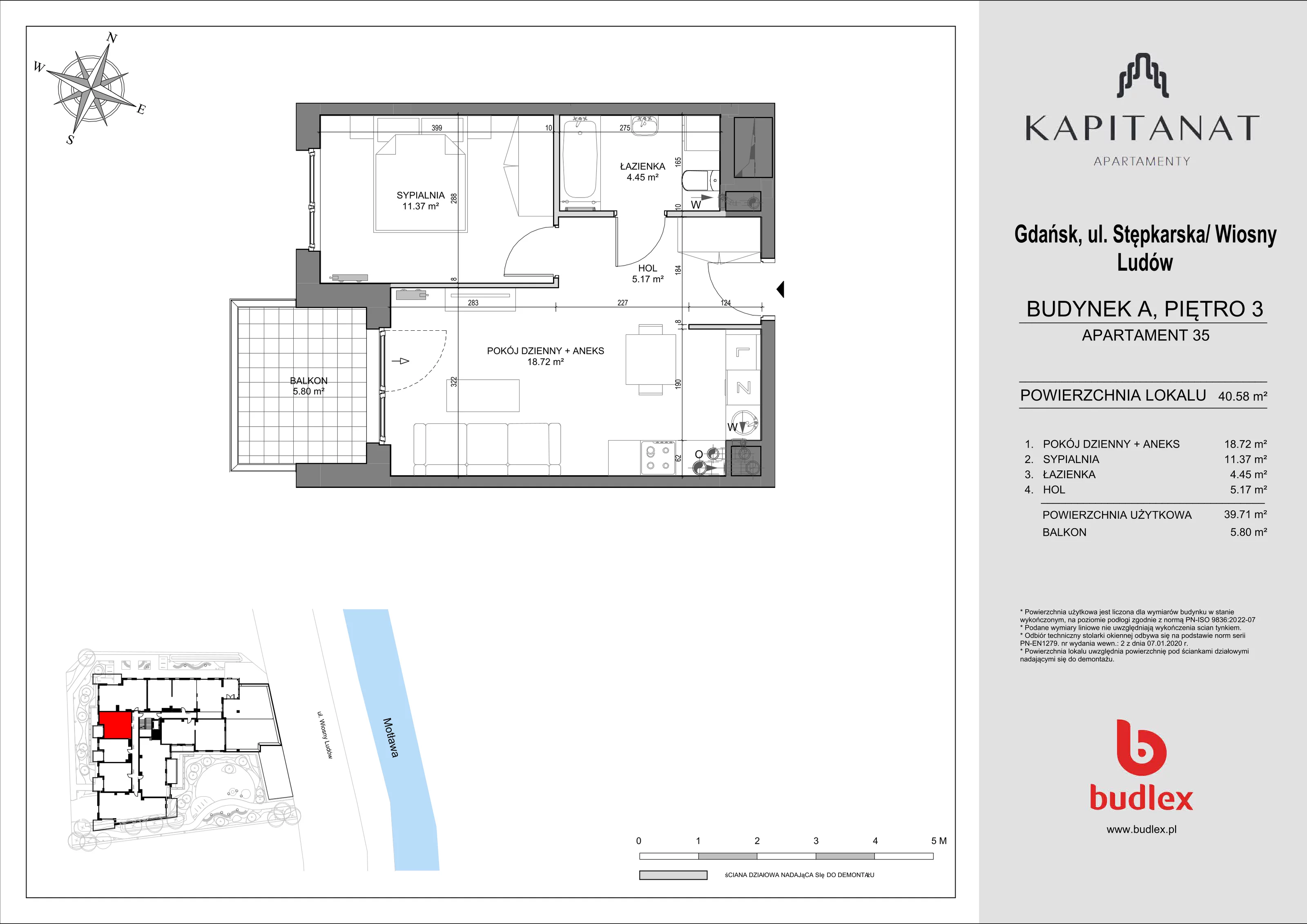 2 pokoje, mieszkanie 40,58 m², piętro 3, oferta nr A.35, Apartamenty Kapitanat bud. A, Gdańsk, Śródmieście, ul. Stępkarska / Wiosny Ludów