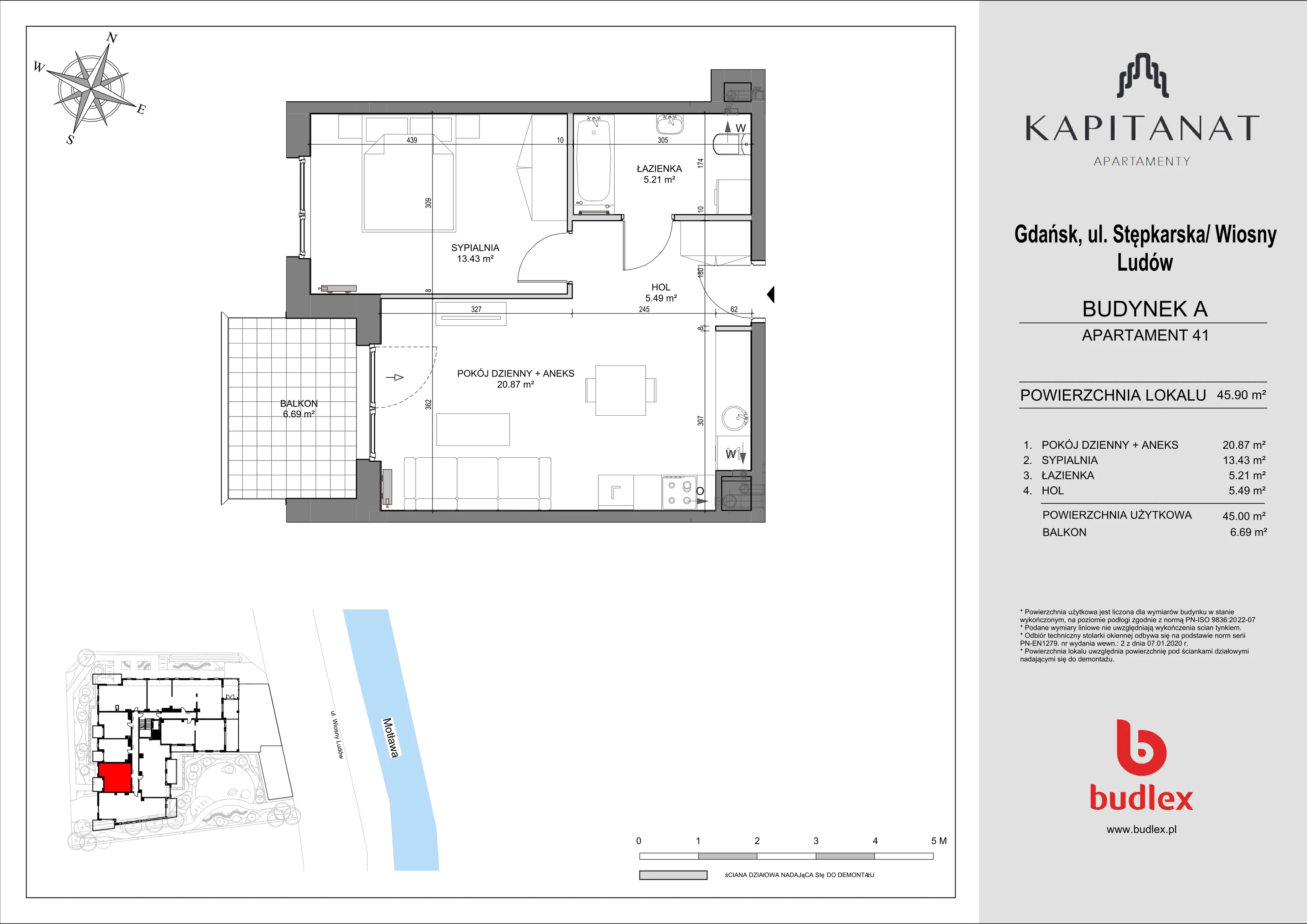 2 pokoje, mieszkanie 45,90 m², piętro 4, oferta nr A.41, Apartamenty Kapitanat bud. A, Gdańsk, Śródmieście, ul. Stępkarska / Wiosny Ludów