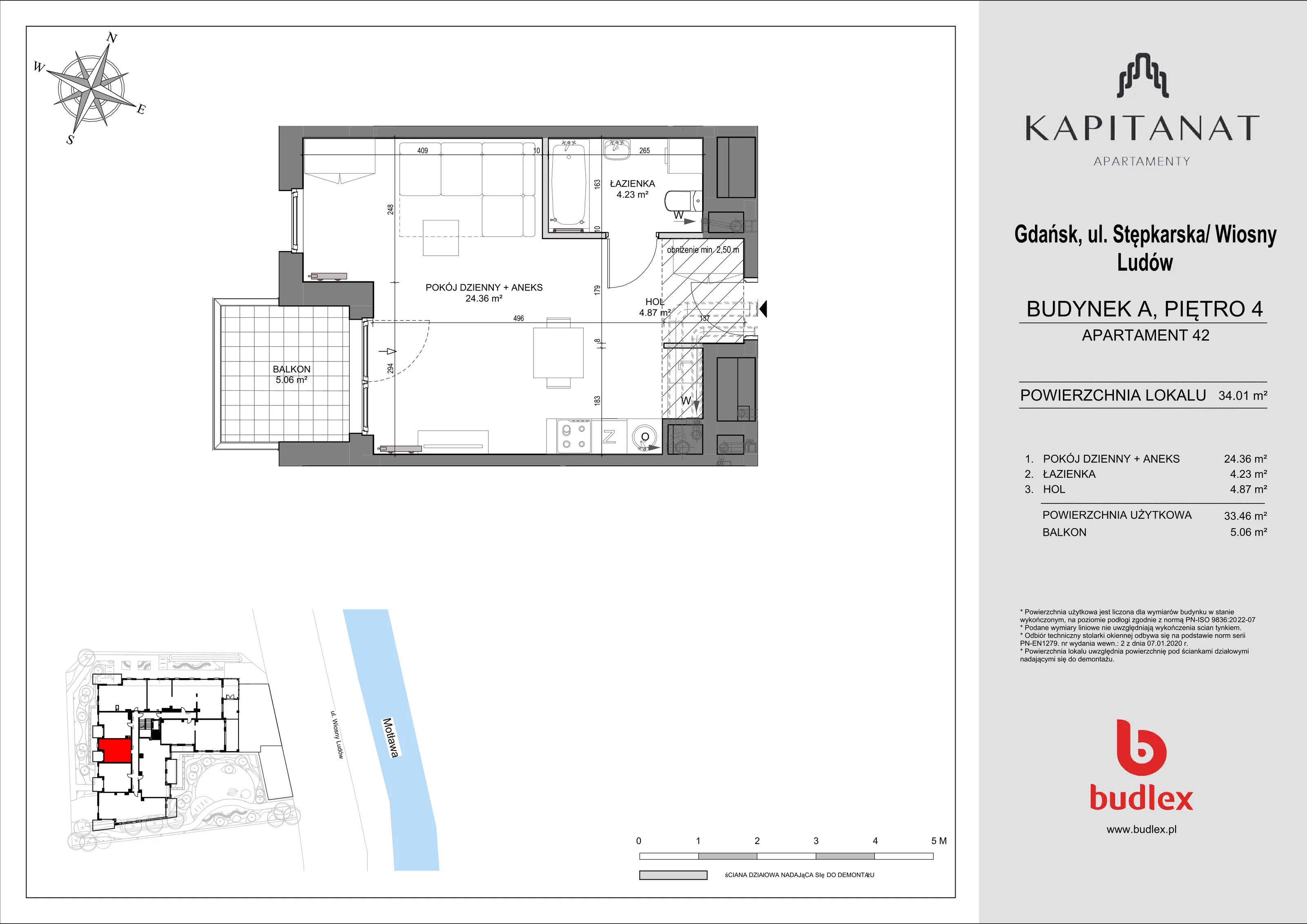 1 pokój, mieszkanie 34,01 m², piętro 4, oferta nr A.42, Apartamenty Kapitanat bud. A, Gdańsk, Śródmieście, ul. Stępkarska / Wiosny Ludów