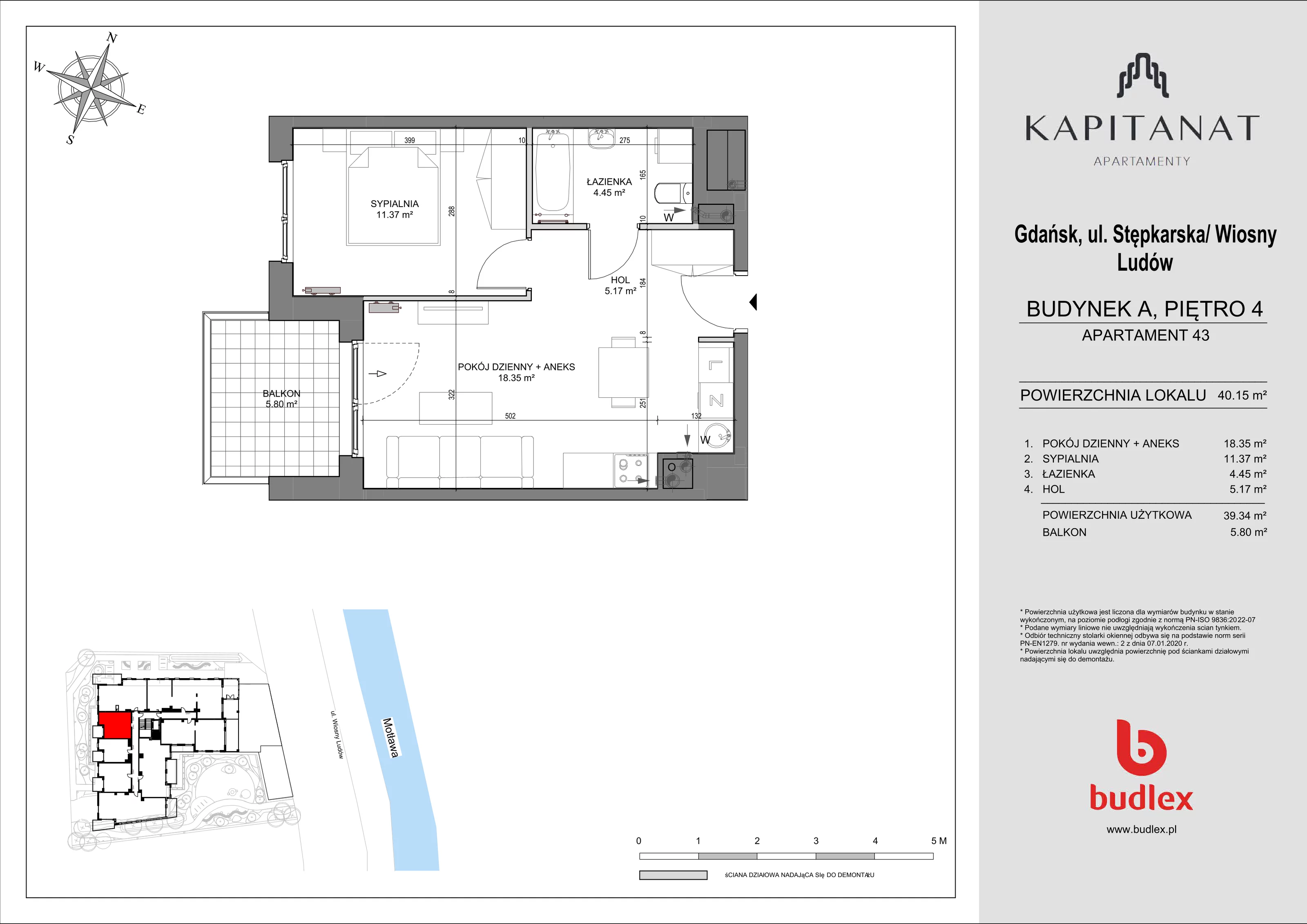 2 pokoje, mieszkanie 40,15 m², piętro 4, oferta nr A.43, Apartamenty Kapitanat bud. A, Gdańsk, Śródmieście, ul. Stępkarska / Wiosny Ludów