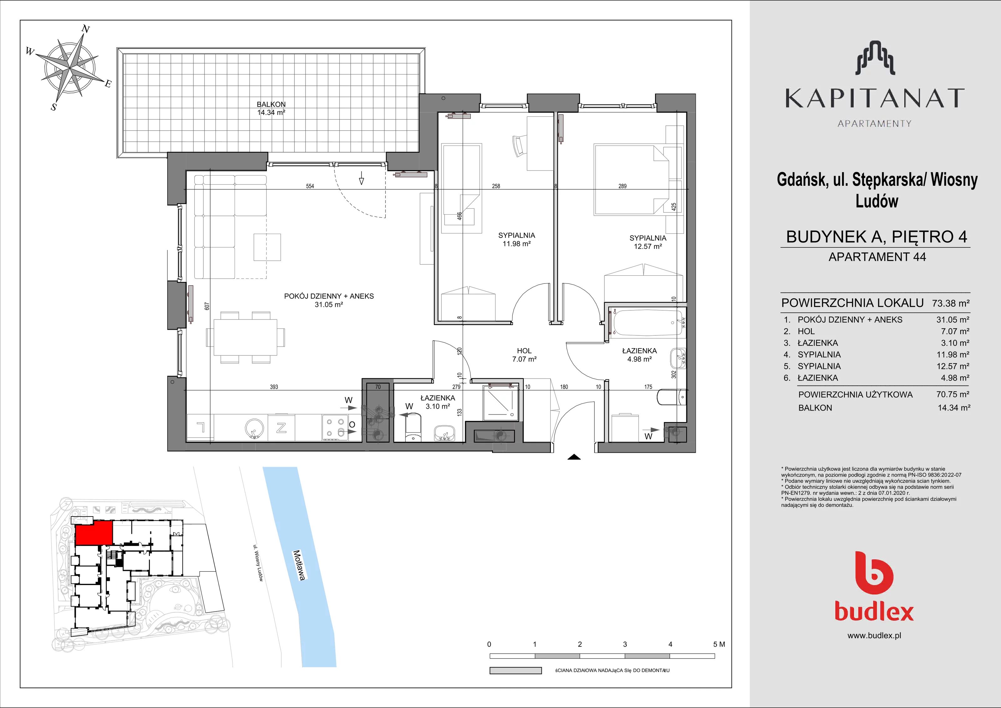 3 pokoje, mieszkanie 73,38 m², piętro 4, oferta nr A.44, Apartamenty Kapitanat bud. A, Gdańsk, Śródmieście, ul. Stępkarska / Wiosny Ludów