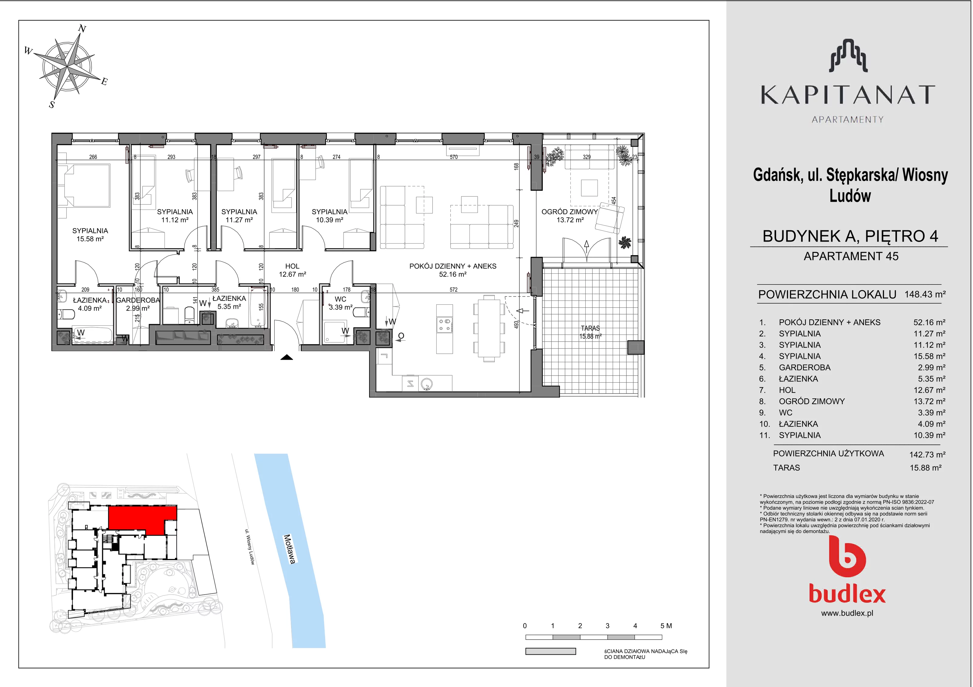 5 pokoi, apartament 148,43 m², piętro 4, oferta nr A.45, Apartamenty Kapitanat bud. A, Gdańsk, Śródmieście, ul. Stępkarska / Wiosny Ludów