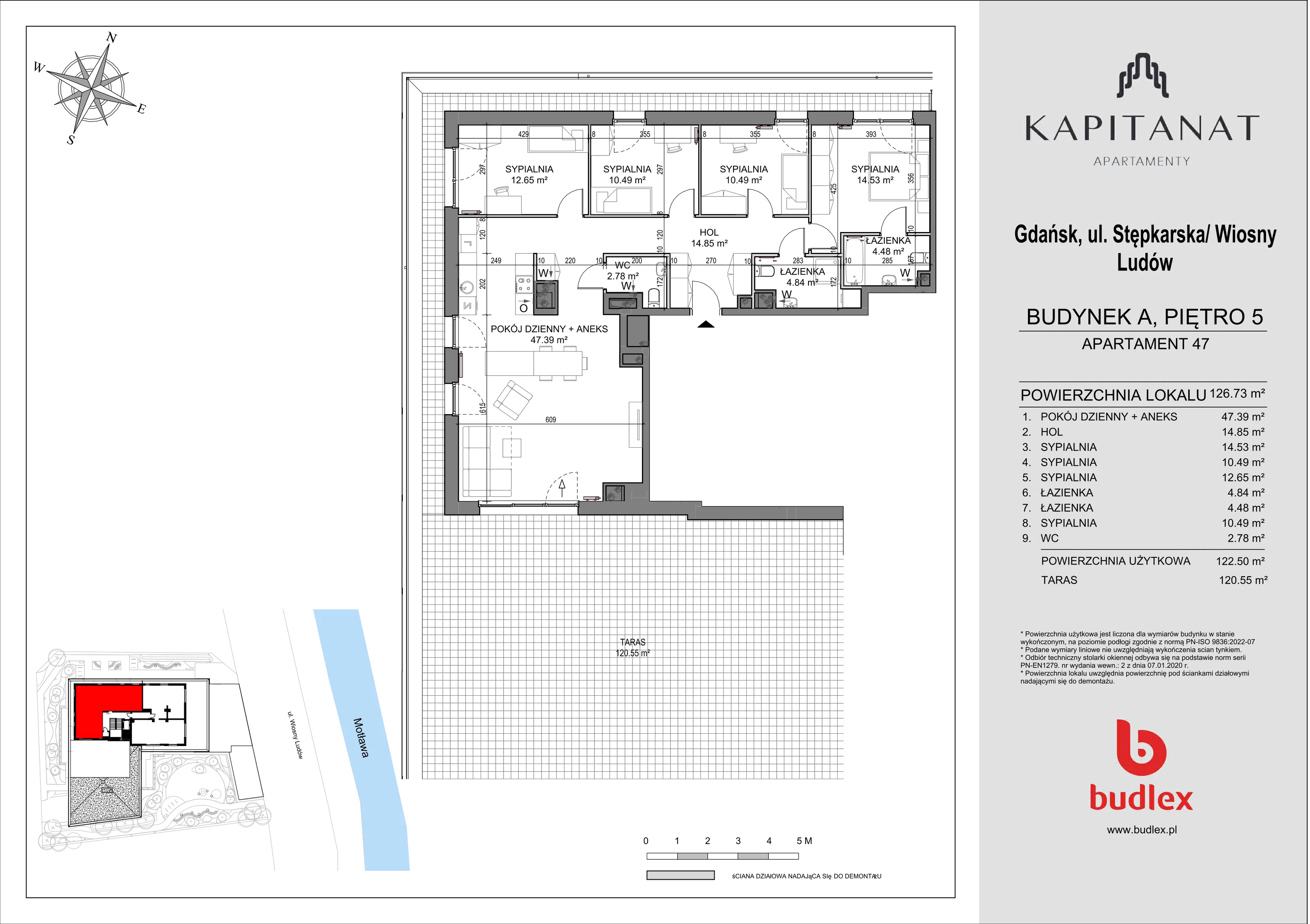 5 pokoi, apartament 126,73 m², piętro 5, oferta nr A.47, Apartamenty Kapitanat bud. A, Gdańsk, Śródmieście, ul. Stępkarska / Wiosny Ludów