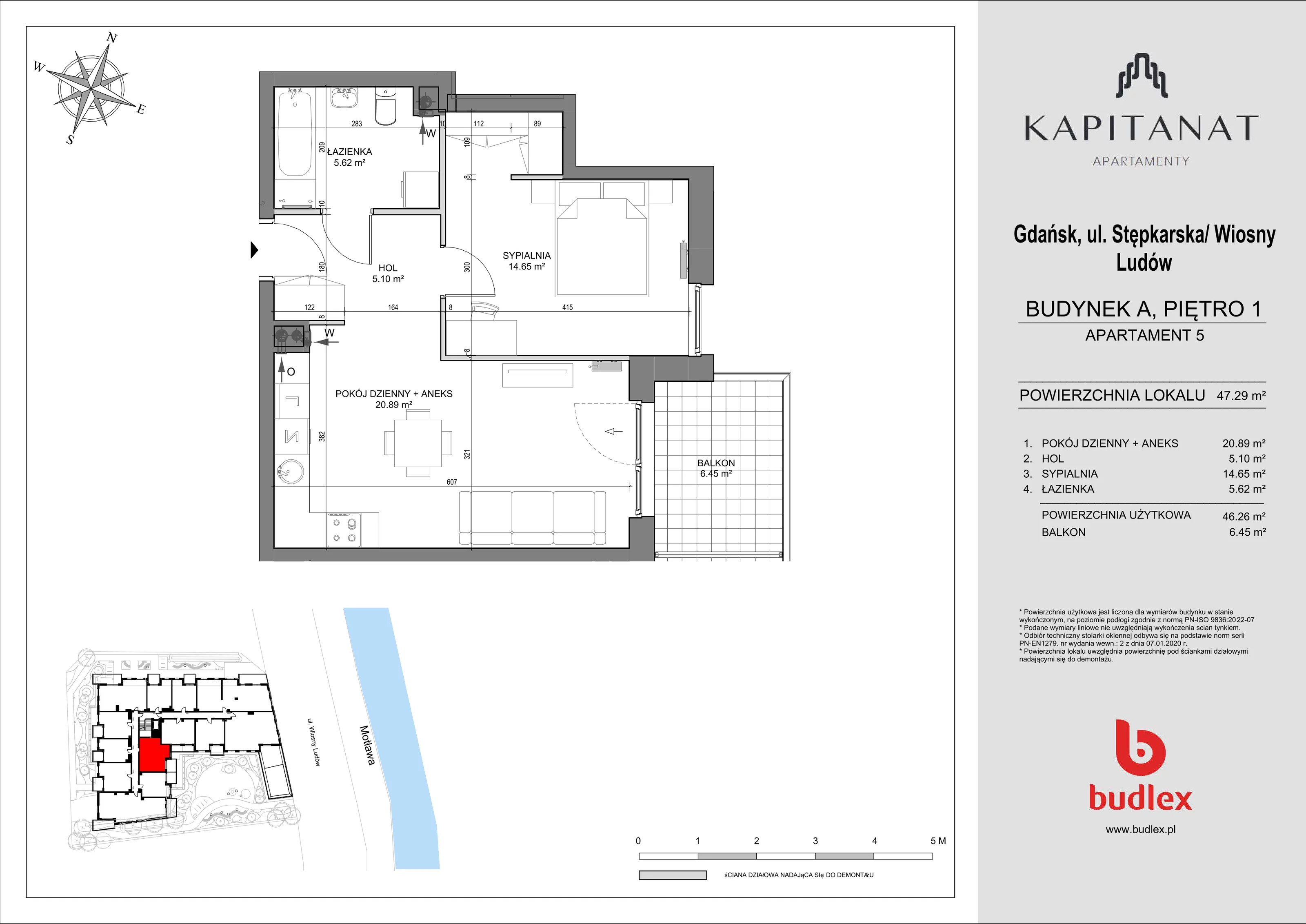 2 pokoje, apartament 47,29 m², piętro 1, oferta nr A.5, Apartamenty Kapitanat, Gdańsk, Śródmieście, ul. Stępkarska / Wiosny Ludów