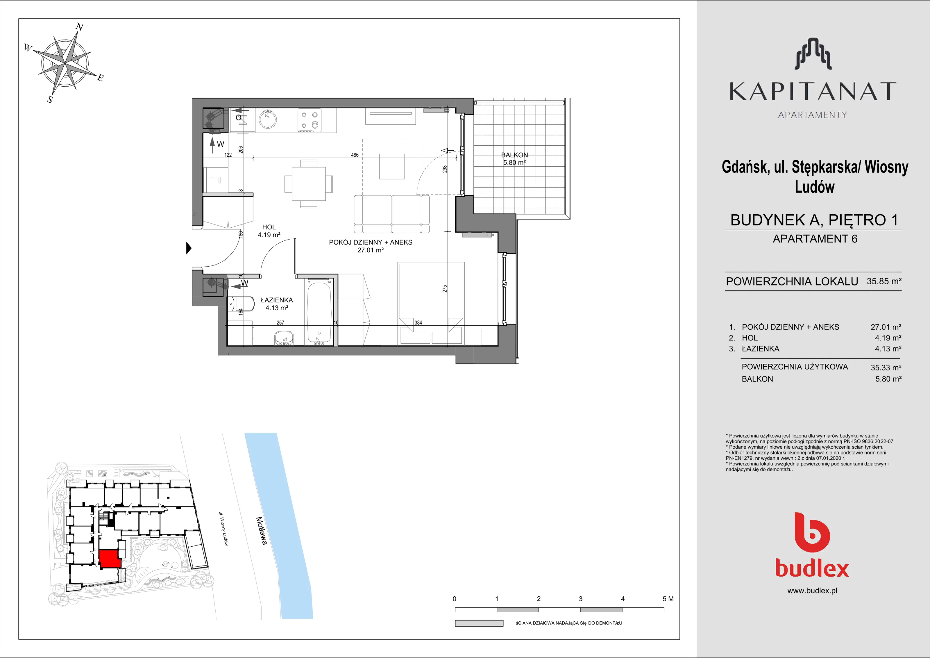 1 pokój, apartament 35,85 m², piętro 1, oferta nr A.6, Apartamenty Kapitanat bud. A, Gdańsk, Śródmieście, ul. Stępkarska / Wiosny Ludów