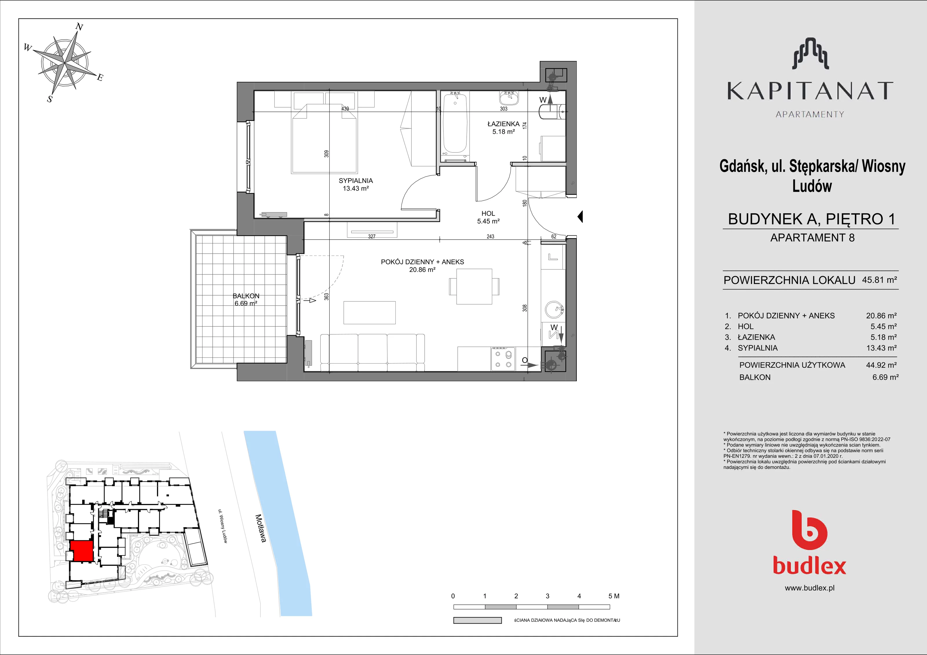 2 pokoje, mieszkanie 45,81 m², piętro 1, oferta nr A.8, Apartamenty Kapitanat bud. A, Gdańsk, Śródmieście, ul. Stępkarska / Wiosny Ludów