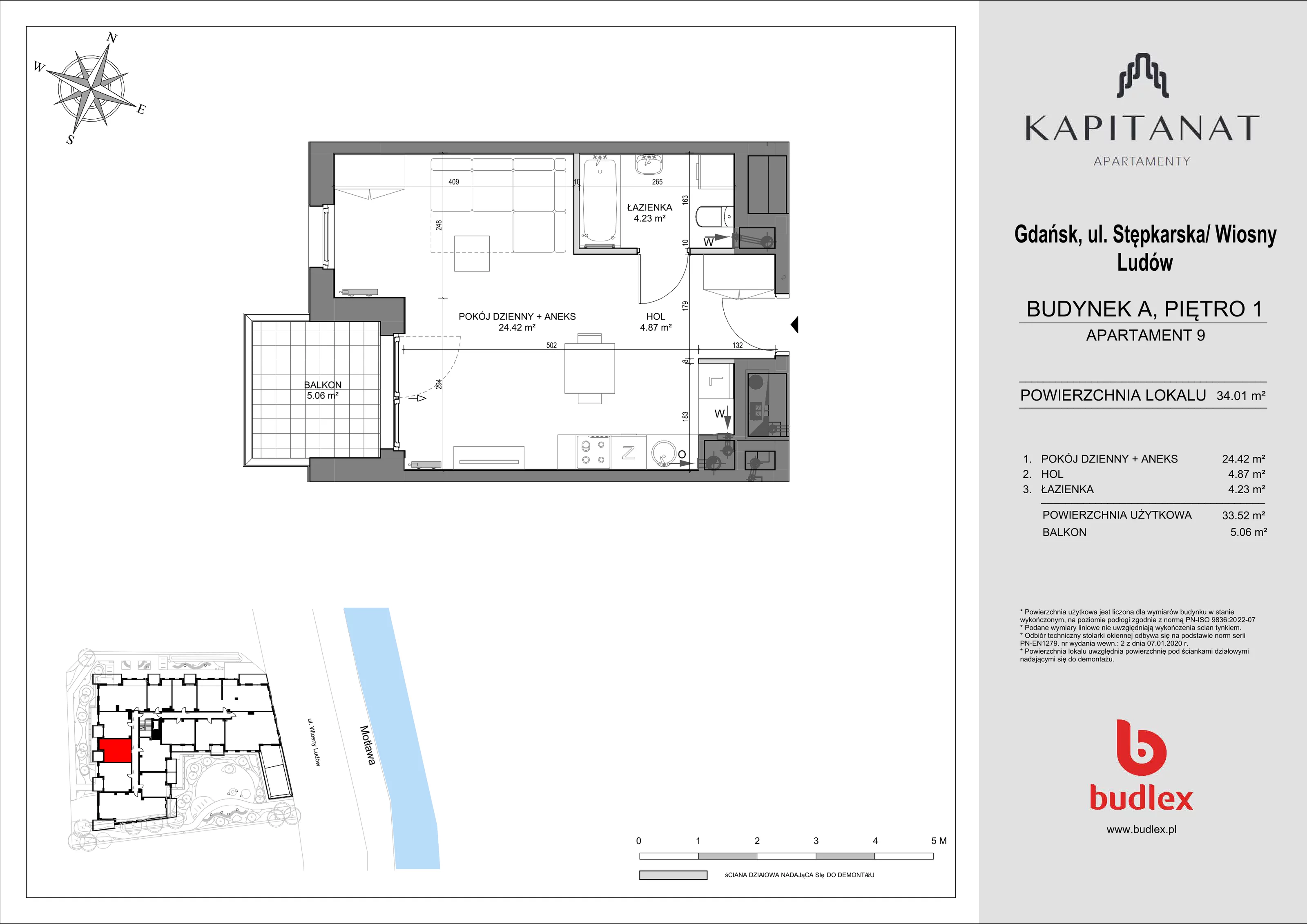 1 pokój, mieszkanie 34,01 m², piętro 1, oferta nr A.9, Apartamenty Kapitanat bud. A, Gdańsk, Śródmieście, ul. Stępkarska / Wiosny Ludów
