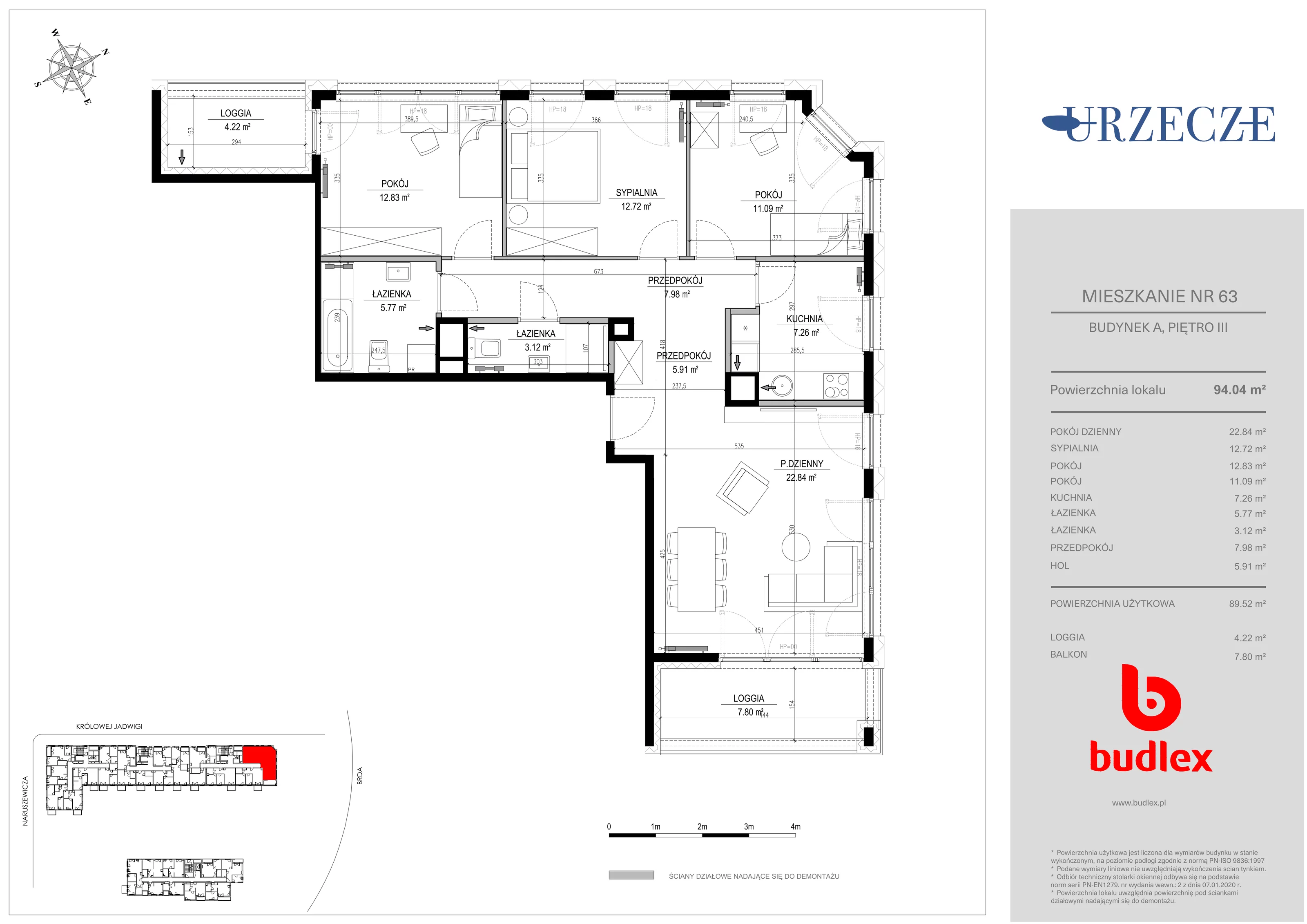 4 pokoje, mieszkanie 94,04 m², piętro 3, oferta nr A.63, Urzecze II, Bydgoszcz, Śródmieście, ul. Adama Naruszewicza