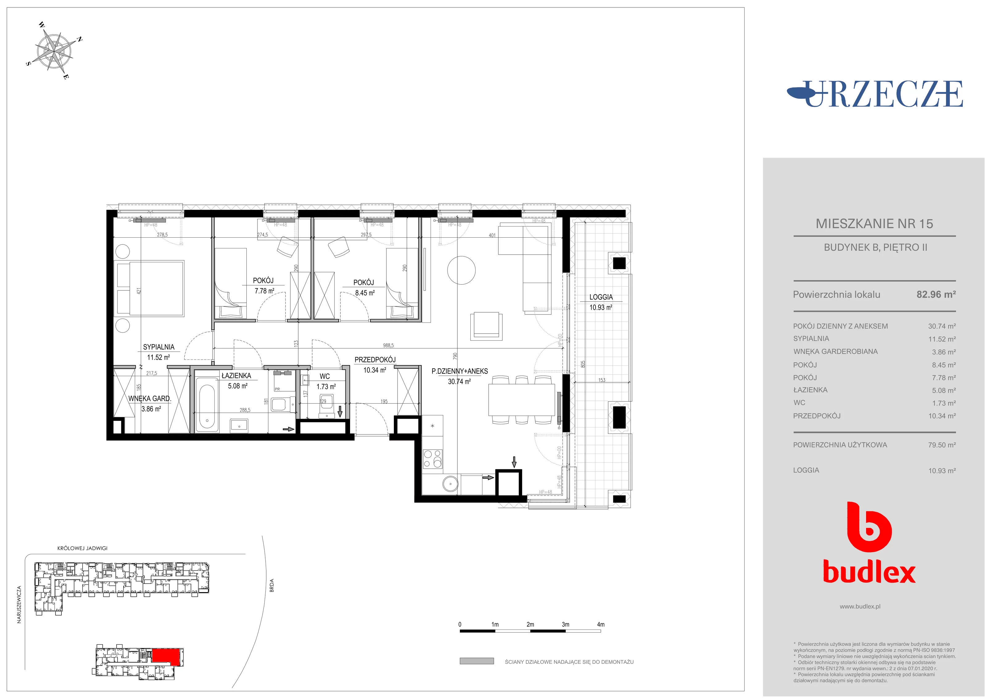 4 pokoje, mieszkanie 82,96 m², piętro 2, oferta nr B.15, Urzecze II, Bydgoszcz, Śródmieście, ul. Adama Naruszewicza