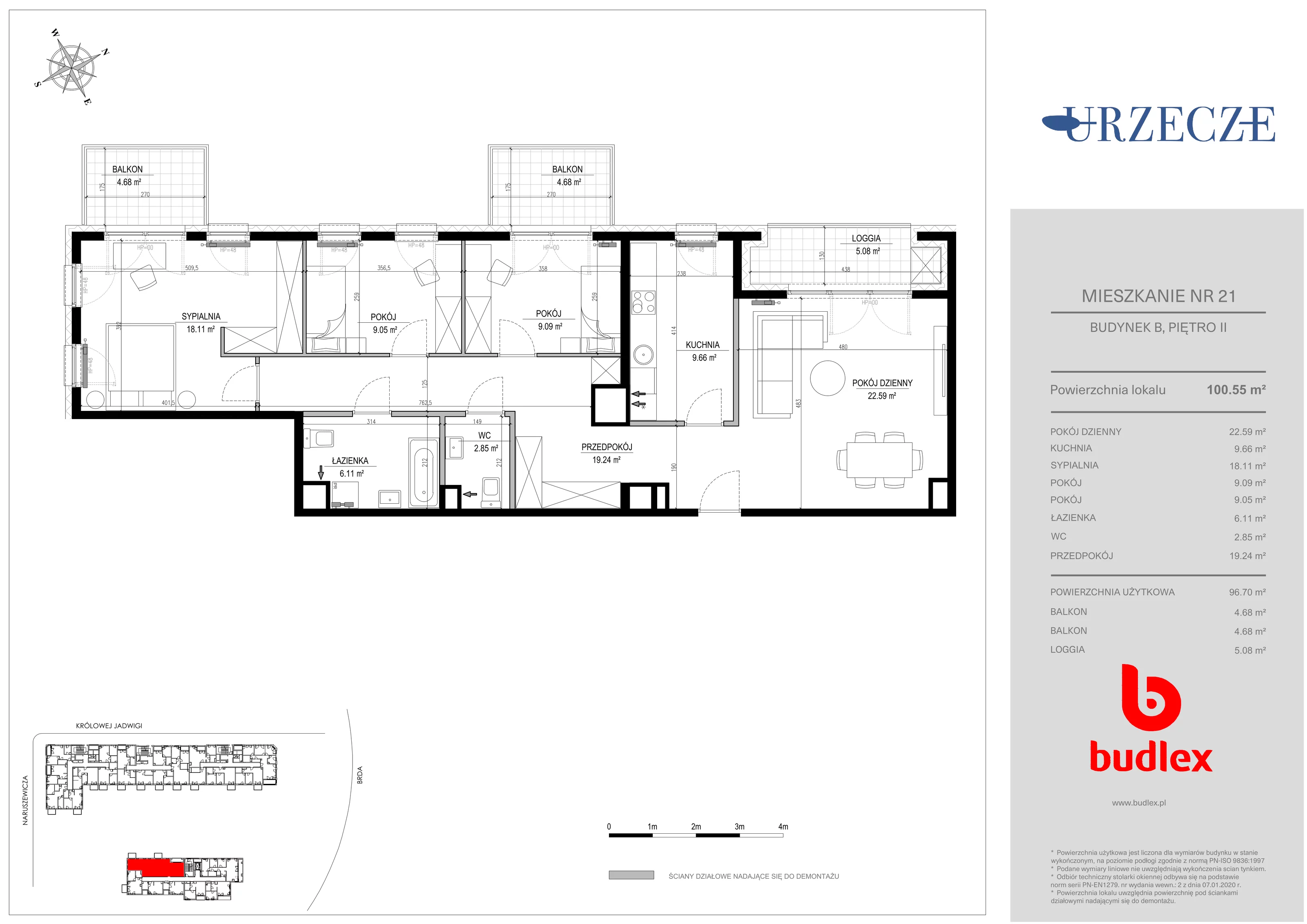 4 pokoje, mieszkanie 100,55 m², piętro 2, oferta nr B.21, Urzecze II, Bydgoszcz, Śródmieście, ul. Adama Naruszewicza