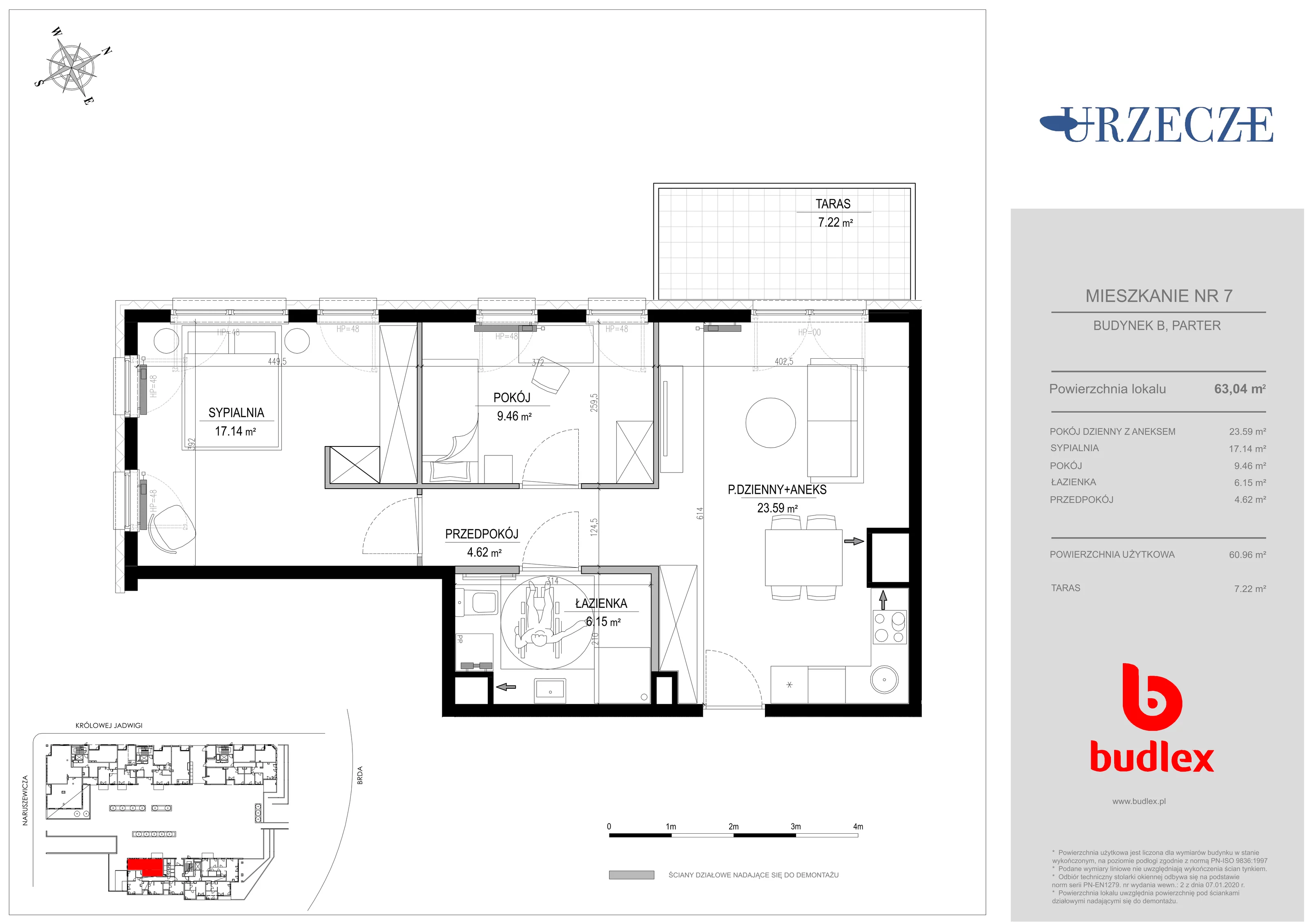 Mieszkanie 63,04 m², parter, oferta nr B.7, Urzecze II, Bydgoszcz, Śródmieście, ul. Królowej Jadwigi 18