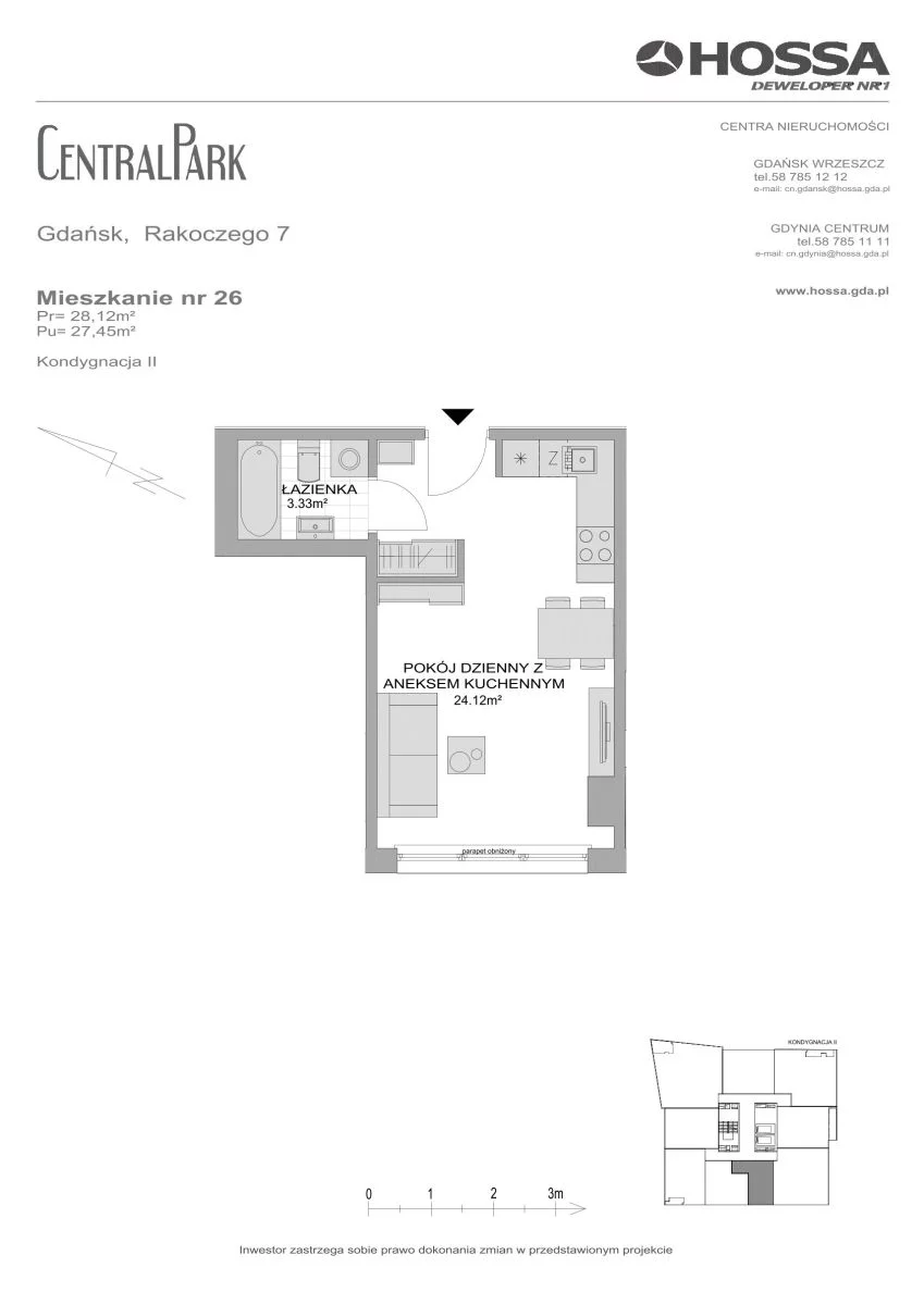 1 pokój, mieszkanie 28,12 m², piętro 2, oferta nr CP/R7/26, Centralpark, Gdańsk, Piecki-Migowo, Morena, ul. Franciszka Rakoczego