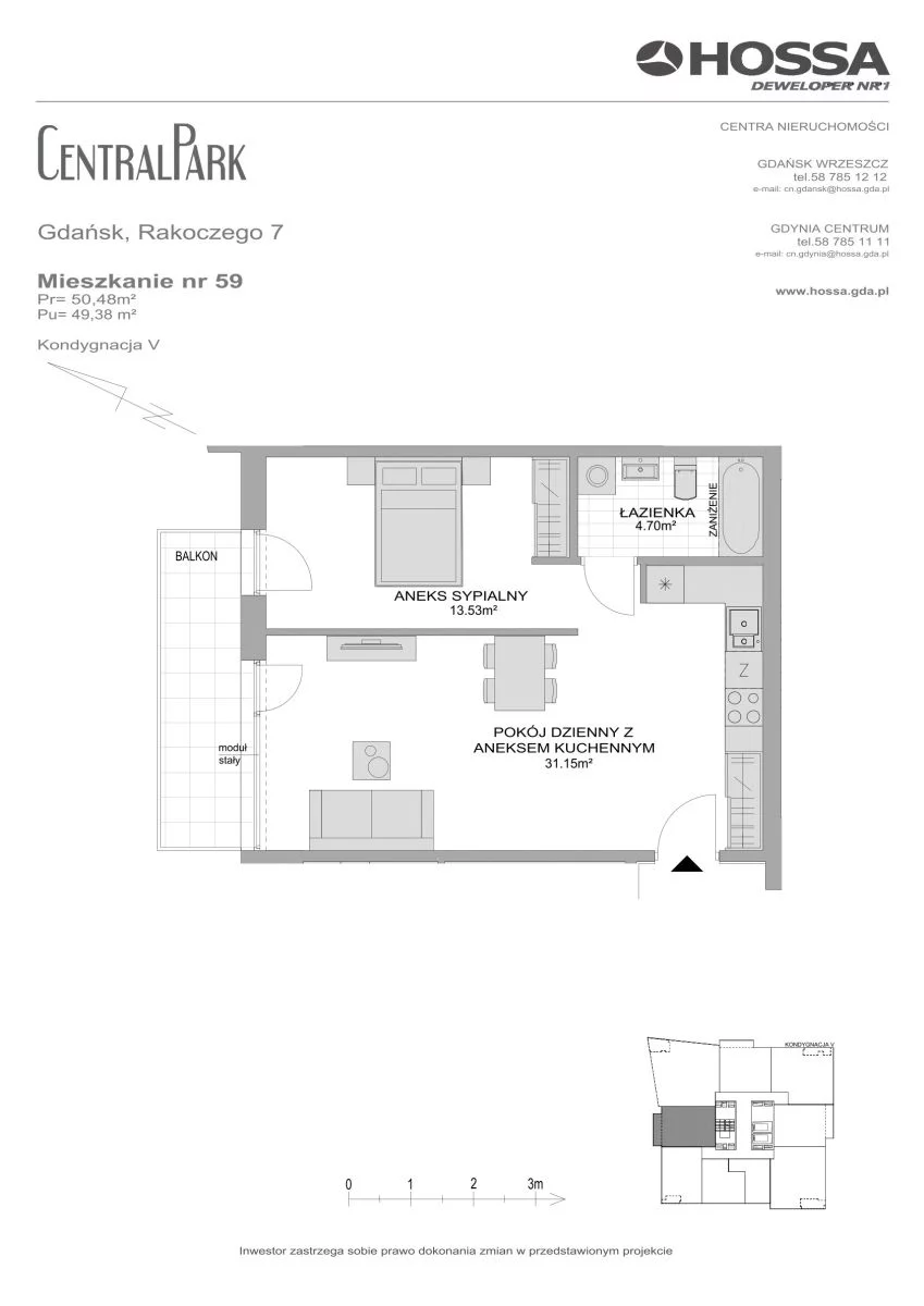 1 pokój, mieszkanie 50,48 m², piętro 5, oferta nr CP/R7/59, Centralpark, Gdańsk, Piecki-Migowo, Morena, ul. Franciszka Rakoczego