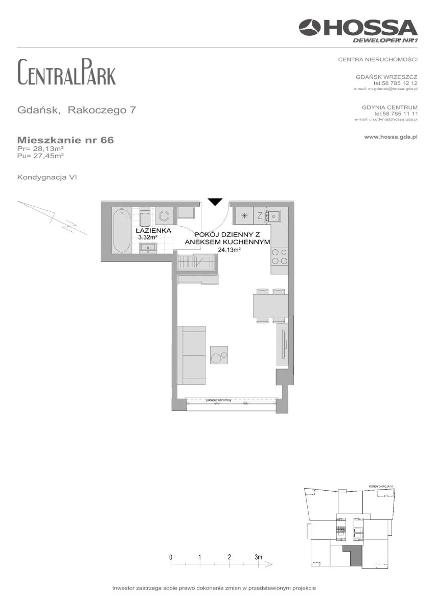 1 pokój, mieszkanie 28,13 m², piętro 6, oferta nr CP/R7/66, Centralpark, Gdańsk, Piecki-Migowo, Morena, ul. Franciszka Rakoczego