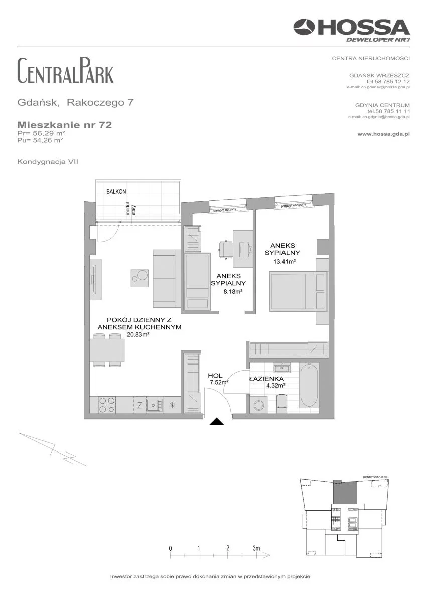 1 pokój, mieszkanie 56,29 m², piętro 7, oferta nr CP/R7/72, Centralpark, Gdańsk, Piecki-Migowo, Morena, ul. Franciszka Rakoczego