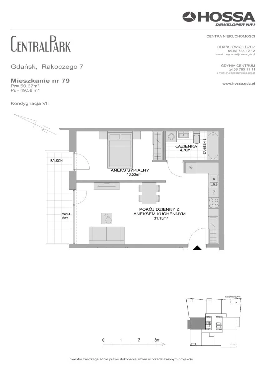 1 pokój, mieszkanie 50,67 m², piętro 7, oferta nr CP/R7/79, Centralpark, Gdańsk, Piecki-Migowo, Morena, ul. Franciszka Rakoczego