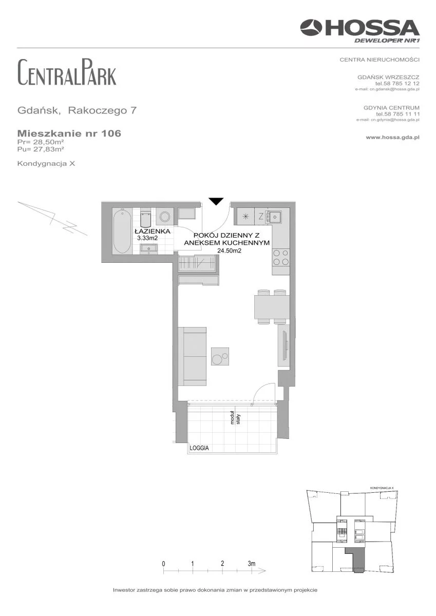 1 pokój, mieszkanie 28,50 m², piętro 10, oferta nr CP/R7/106, Centralpark, Gdańsk, Piecki-Migowo, Morena, ul. Franciszka Rakoczego