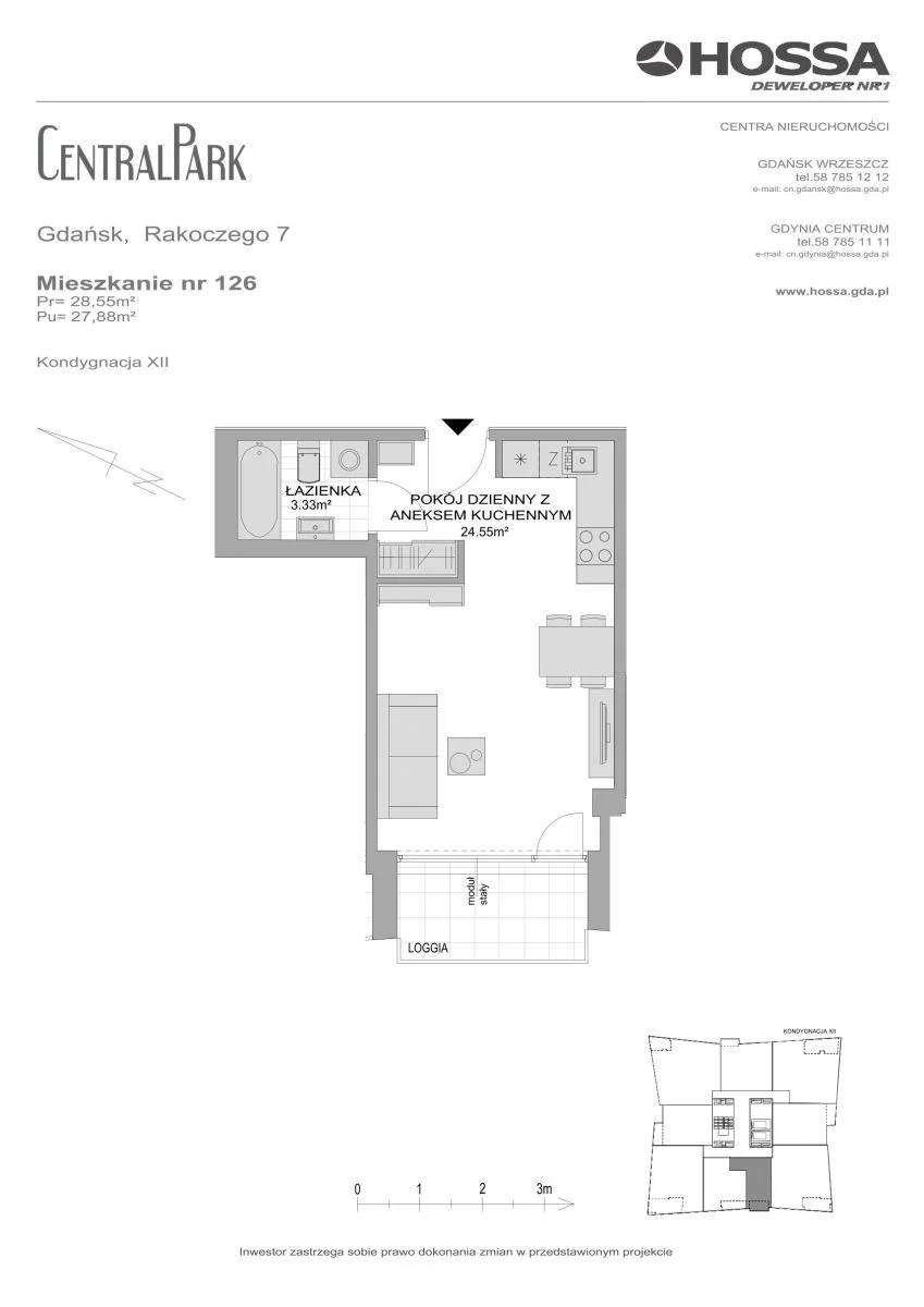 1 pokój, mieszkanie 28,55 m², piętro 12, oferta nr CP/R7/126, Centralpark, Gdańsk, Piecki-Migowo, Morena, ul. Franciszka Rakoczego