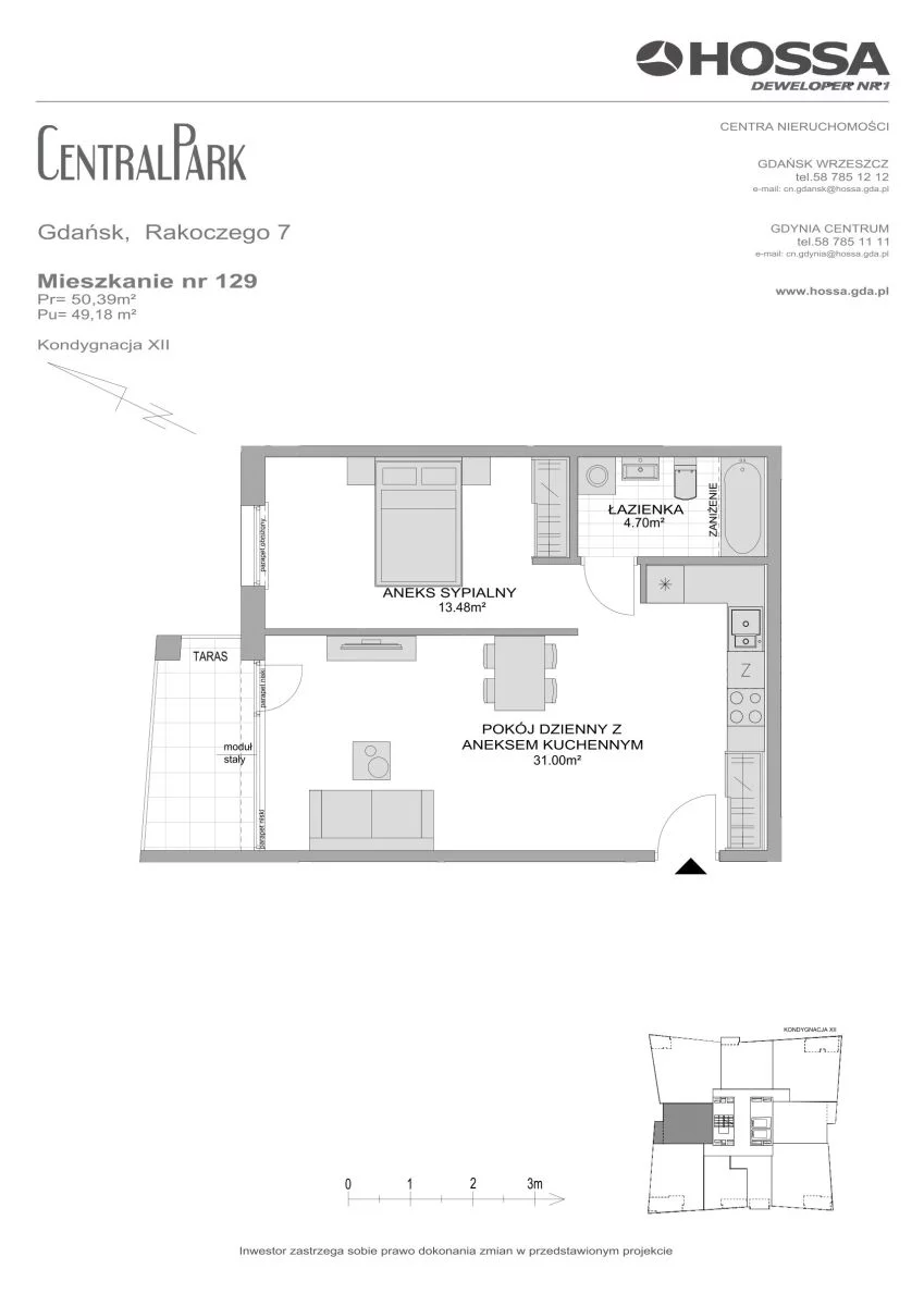 1 pokój, mieszkanie 50,39 m², piętro 12, oferta nr CP/R7/129, Centralpark, Gdańsk, Piecki-Migowo, Morena, ul. Franciszka Rakoczego