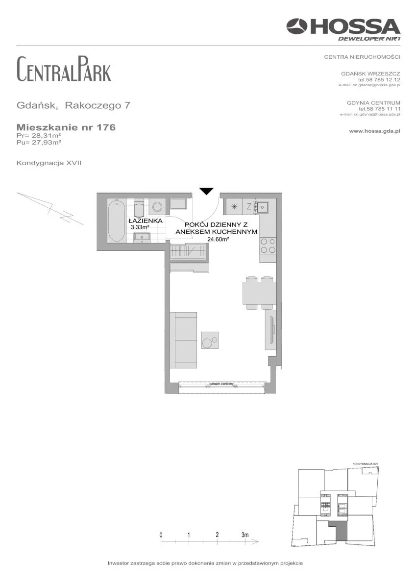 1 pokój, mieszkanie 28,31 m², piętro 17, oferta nr CP/R7/176, Centralpark, Gdańsk, Piecki-Migowo, Morena, ul. Franciszka Rakoczego
