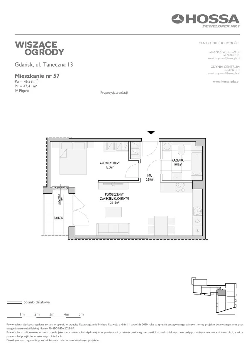 1 pokój, mieszkanie 47,41 m², piętro 4, oferta nr WO/T/13/57, Wiszące Ogrody, Gdańsk, Jasień, Kiełpinek, ul. Przytulna