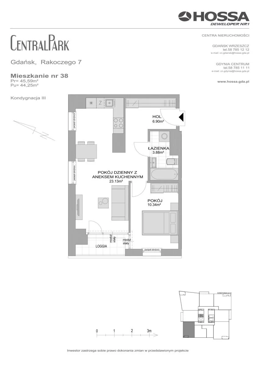 2 pokoje, mieszkanie 45,59 m², piętro 3, oferta nr CP/R7/38, Centralpark, Gdańsk, Piecki-Migowo, Morena, ul. Franciszka Rakoczego