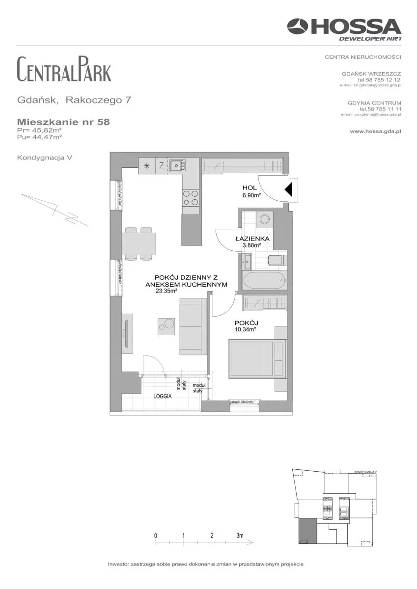2 pokoje, mieszkanie 45,82 m², piętro 5, oferta nr CP/R7/58, Centralpark, Gdańsk, Piecki-Migowo, Morena, ul. Franciszka Rakoczego