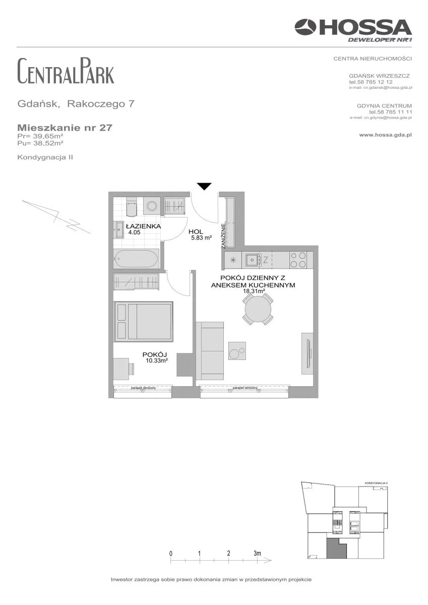 2 pokoje, mieszkanie 39,65 m², piętro 2, oferta nr CP/R7/27, Centralpark, Gdańsk, Piecki-Migowo, Morena, ul. Franciszka Rakoczego