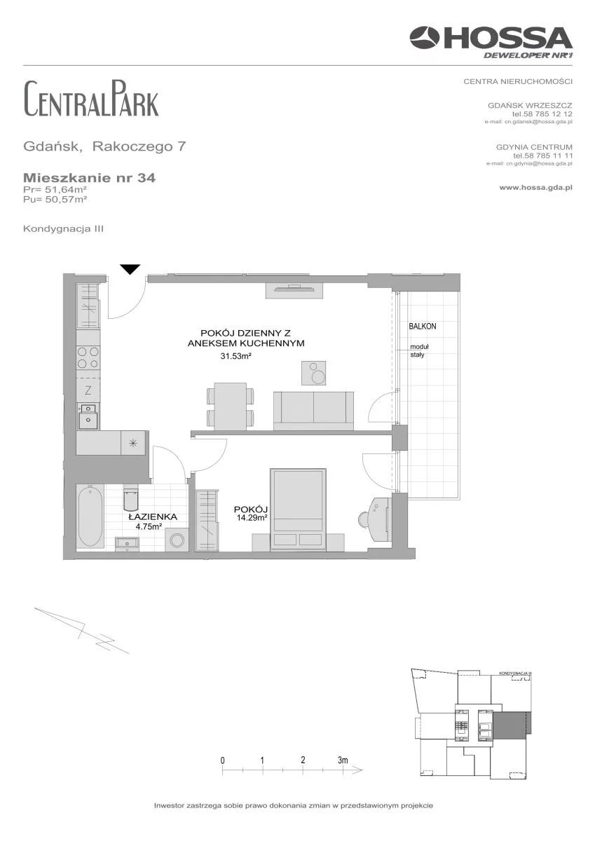 2 pokoje, mieszkanie 51,64 m², piętro 3, oferta nr CP/R7/34, Centralpark, Gdańsk, Piecki-Migowo, Morena, ul. Franciszka Rakoczego