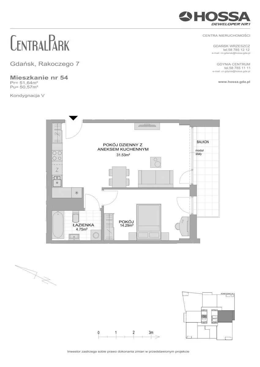 2 pokoje, mieszkanie 51,64 m², piętro 5, oferta nr CP/R7/54, Centralpark, Gdańsk, Piecki-Migowo, Morena, ul. Franciszka Rakoczego