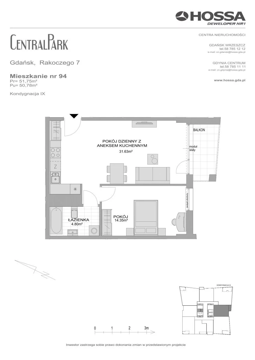2 pokoje, mieszkanie 51,75 m², piętro 9, oferta nr CP/R7/94, Centralpark, Gdańsk, Piecki-Migowo, Morena, ul. Franciszka Rakoczego