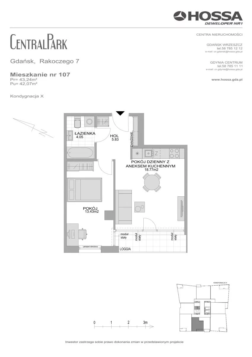 2 pokoje, mieszkanie 43,24 m², piętro 10, oferta nr CP/R7/107, Centralpark, Gdańsk, Piecki-Migowo, Morena, ul. Franciszka Rakoczego