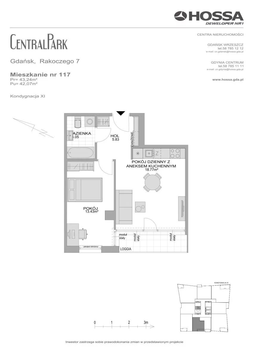 2 pokoje, mieszkanie 43,24 m², piętro 11, oferta nr CP/R7/117, Centralpark, Gdańsk, Piecki-Migowo, Morena, ul. Franciszka Rakoczego