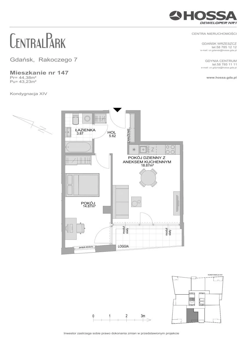 2 pokoje, mieszkanie 44,38 m², piętro 14, oferta nr CP/R7/147, Centralpark, Gdańsk, Piecki-Migowo, Morena, ul. Franciszka Rakoczego