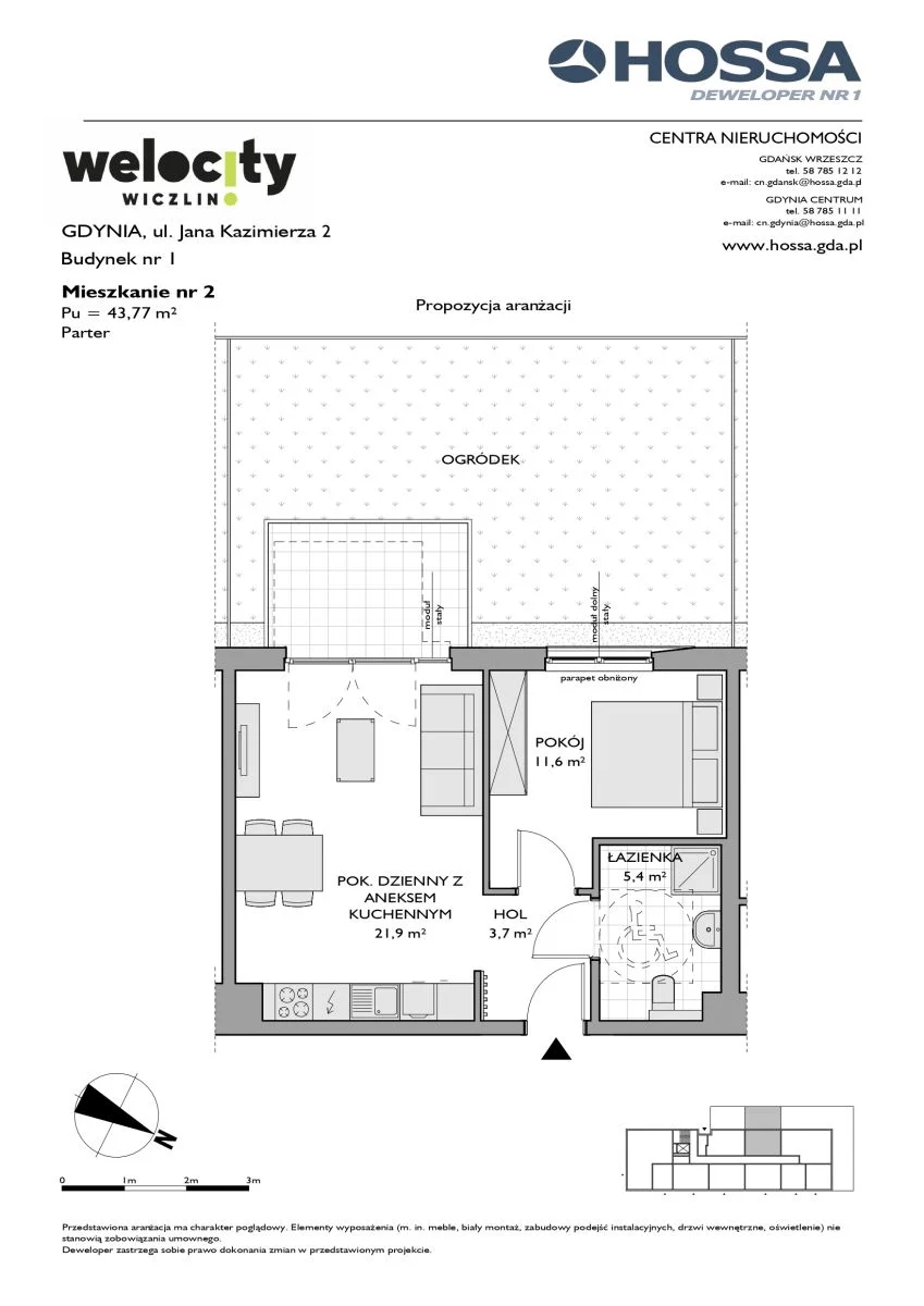 2 pokoje, mieszkanie 43,77 m², parter, oferta nr W/1/2, Welocity Wiczlino, Gdynia, Chwarzno-Wiczlino, ul. Jana Kazimierza