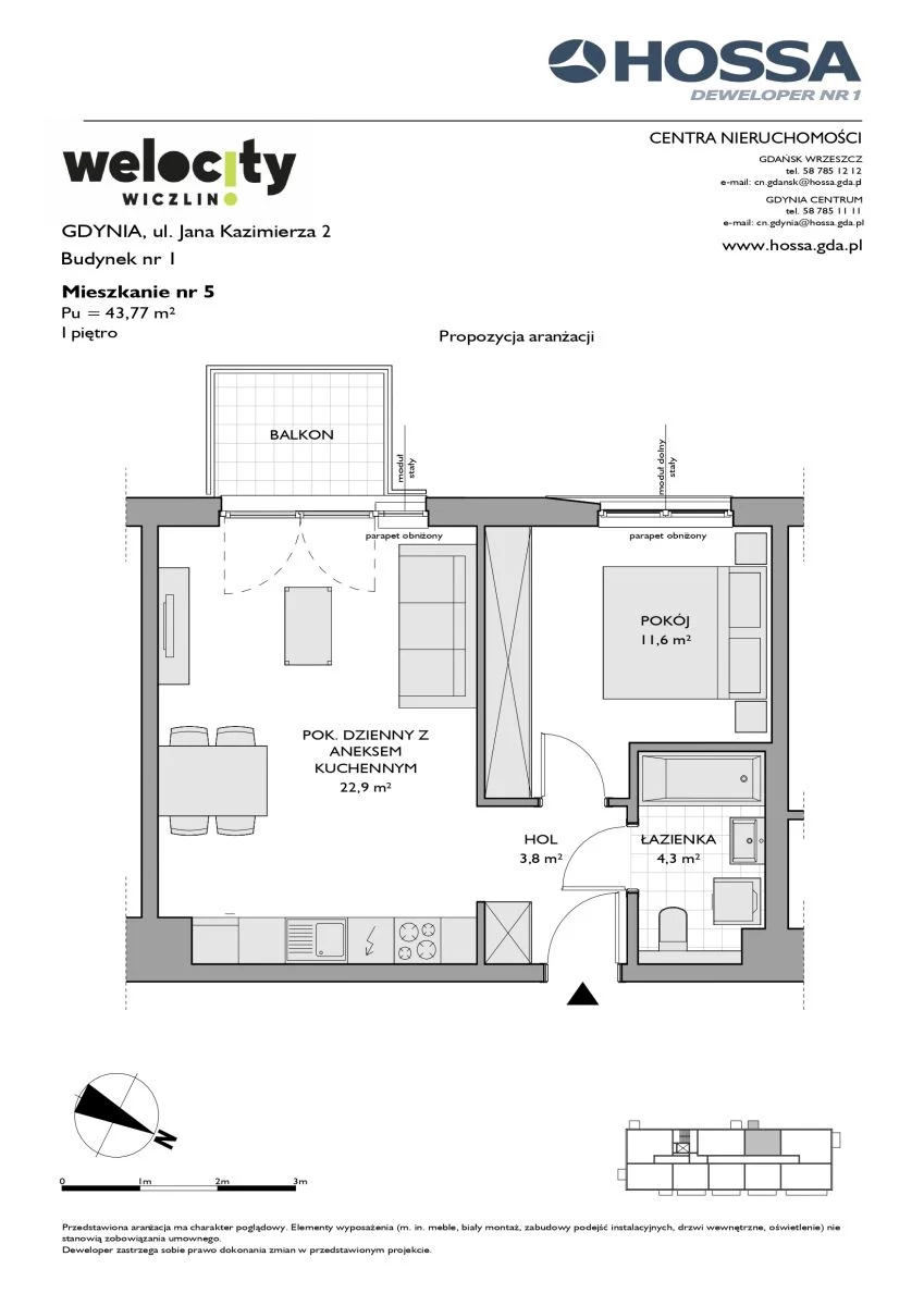 2 pokoje, mieszkanie 43,77 m², piętro 1, oferta nr W/1/5, Welocity Wiczlino, Gdynia, Chwarzno-Wiczlino, ul. Jana Kazimierza