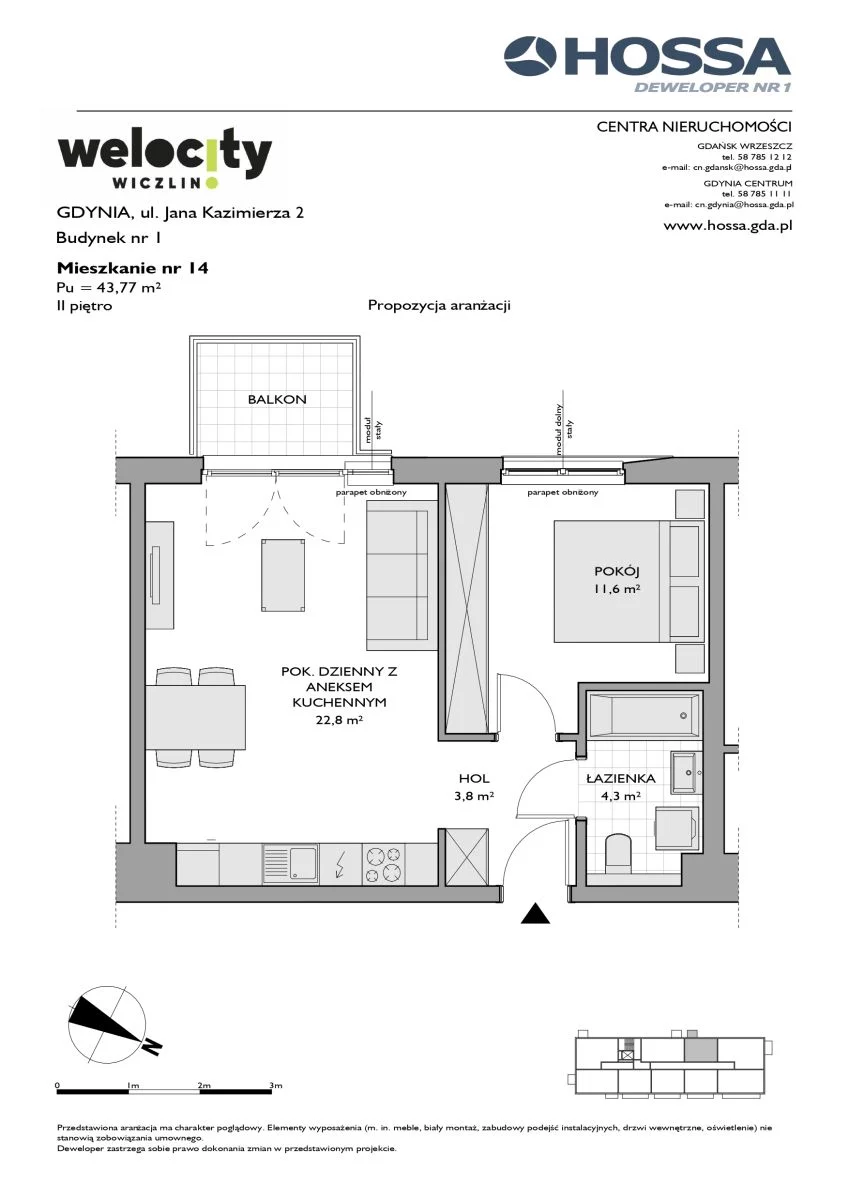 2 pokoje, mieszkanie 43,77 m², piętro 2, oferta nr W/1/14, Welocity Wiczlino, Gdynia, Chwarzno-Wiczlino, ul. Jana Kazimierza