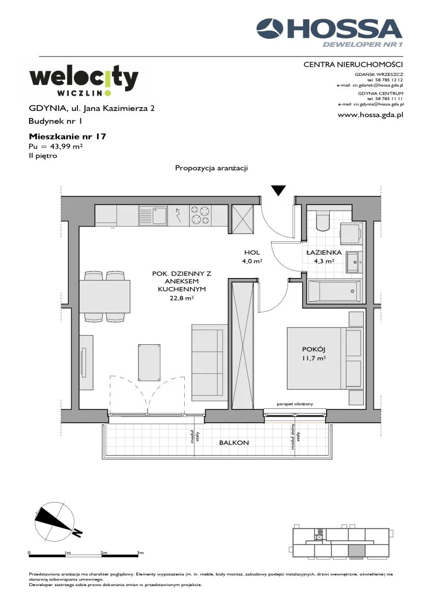 2 pokoje, mieszkanie 43,99 m², piętro 2, oferta nr W/1/17, Welocity Wiczlino, Gdynia, Chwarzno-Wiczlino, ul. Jana Kazimierza