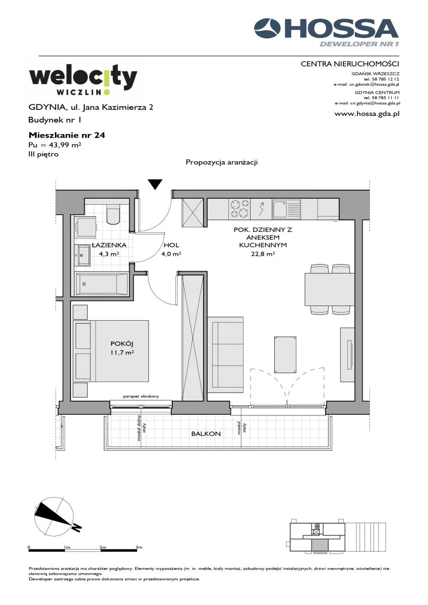 2 pokoje, mieszkanie 43,99 m², piętro 3, oferta nr W/1/24, Welocity Wiczlino, Gdynia, Chwarzno-Wiczlino, ul. Jana Kazimierza