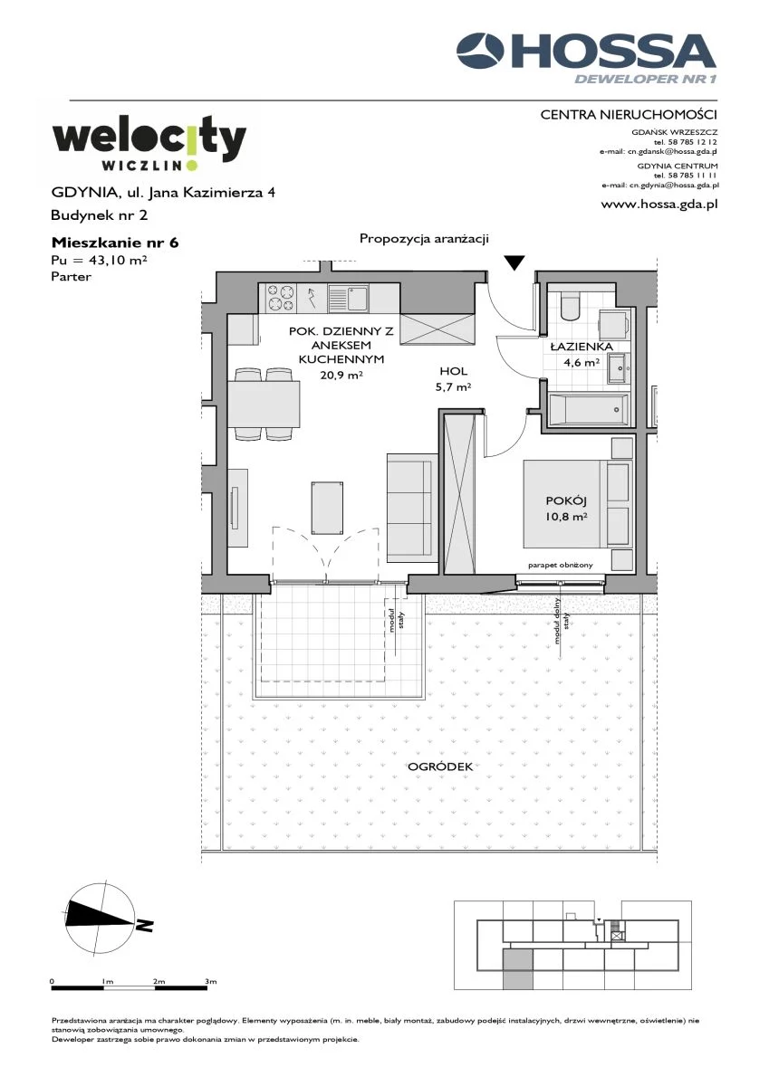 2 pokoje, mieszkanie 43,10 m², parter, oferta nr W/2/6, Welocity Wiczlino, Gdynia, Chwarzno-Wiczlino, ul. Jana Kazimierza