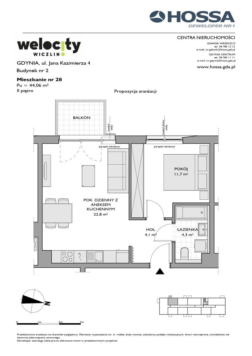 2 pokoje, mieszkanie 44,06 m², piętro 2, oferta nr W/2/28, Welocity Wiczlino, Gdynia, Chwarzno-Wiczlino, ul. Jana Kazimierza